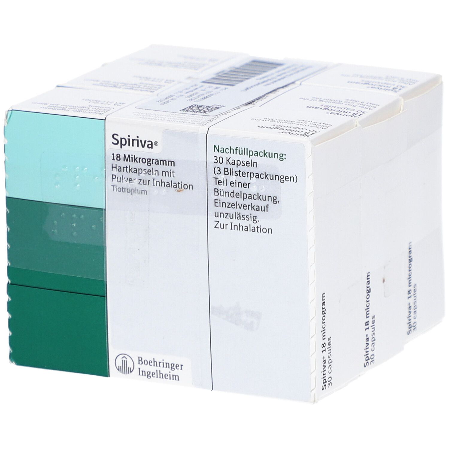 Packung SPIRIVA 18 Mikrogramm Hartkapseln. 30 Kapseln. Nachfüllpackung. Boehringer Ingelheim Logo.