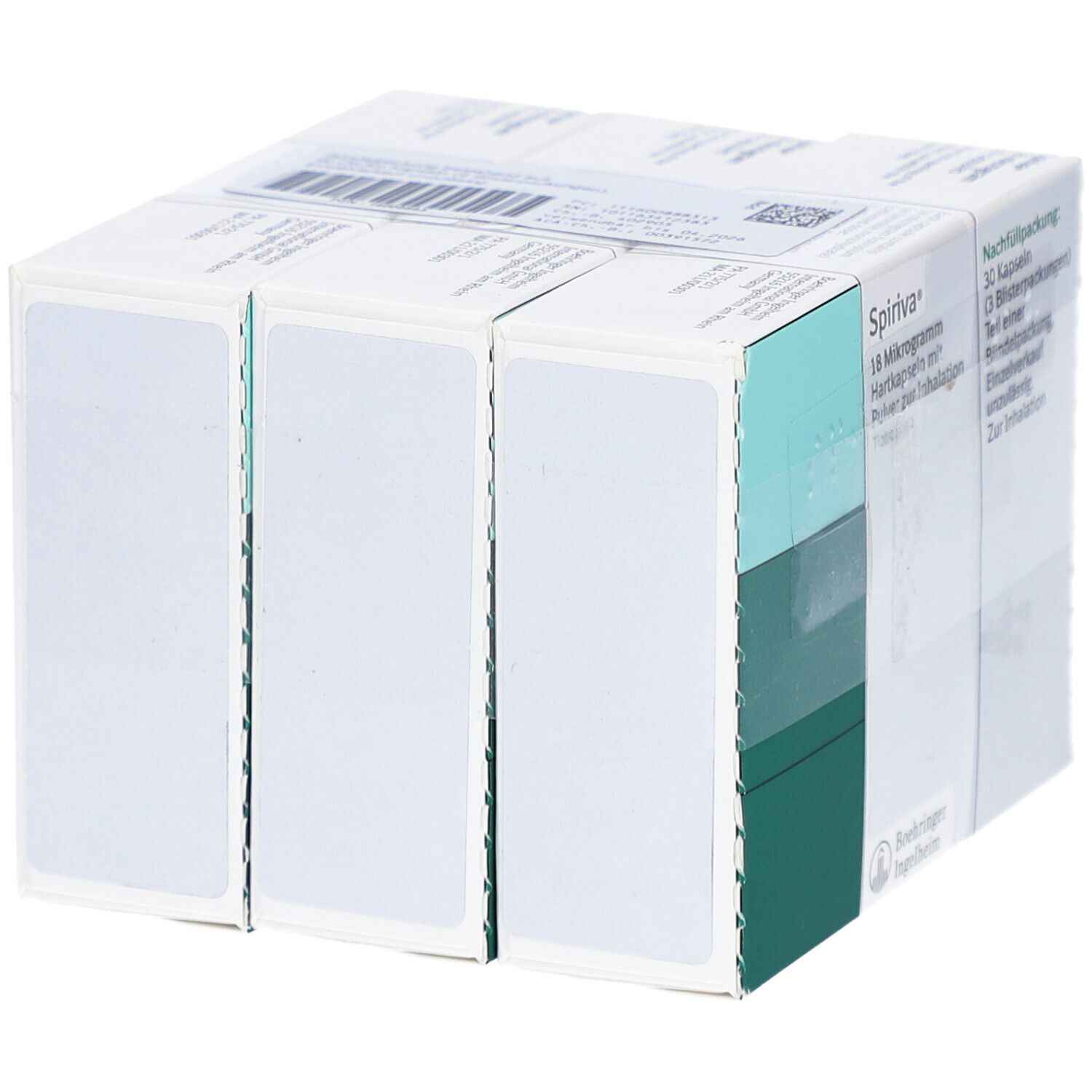 Mehrere Packungen SPIRIVA 18 Mikrogramm Hartkapseln. Grün-weiß Verpackung. Barcode auf der Oberseite.