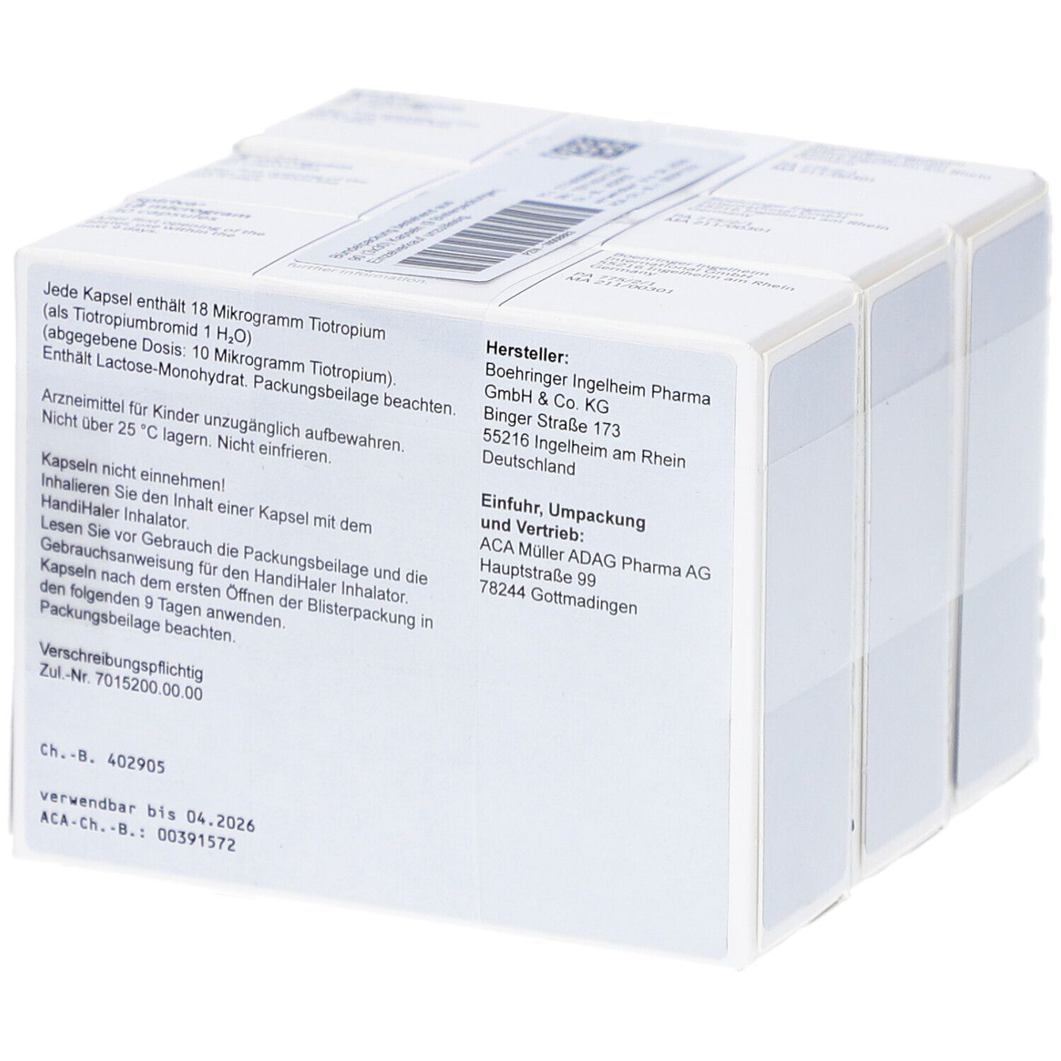 Rückseite der SPIRIVA-Verpackung. Textinformationen zu Inhaltsstoffen, Hersteller, und Verfallsdatum.