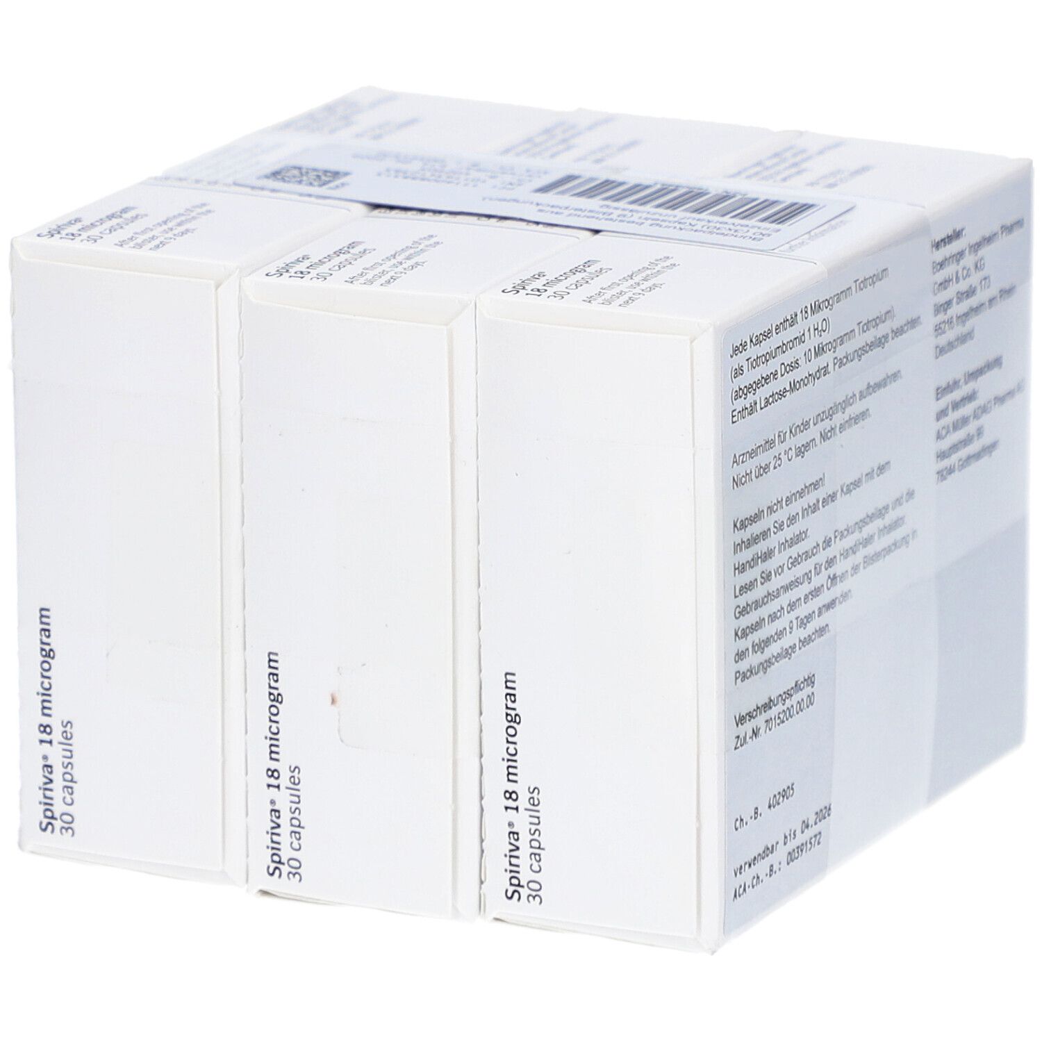 Seitenansicht der SPIRIVA-Verpackung. Wiederholte Produktinformationen und Packungsdetails.