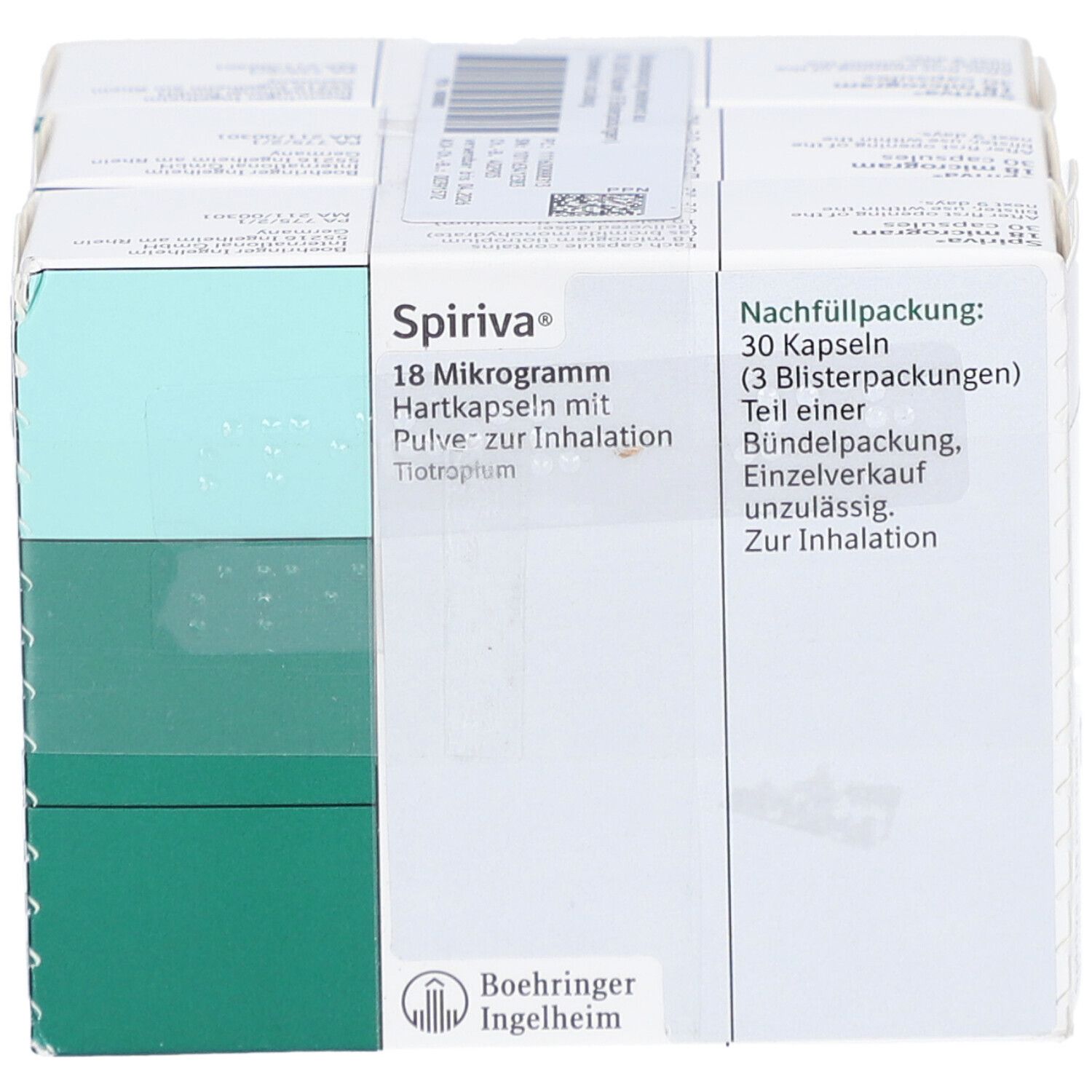 SPIRIVA-Packung mit 30 Kapseln. Nachfüllpackung. Boehringer Ingelheim Logo. Textinformationen.