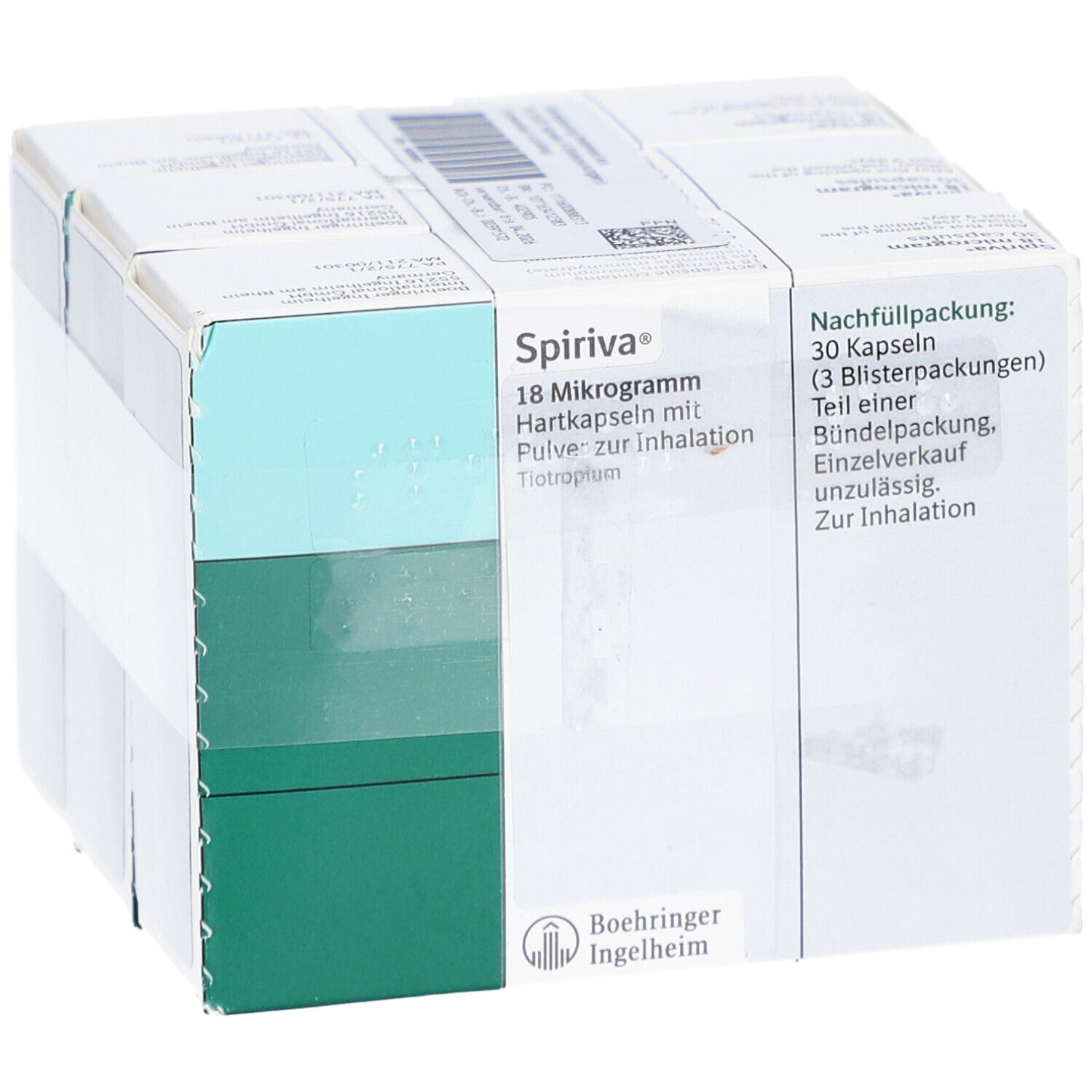 SPIRIVA-Packung mit 30 Kapseln. Nachfüllpackung. Boehringer Ingelheim Logo. Textinformationen.