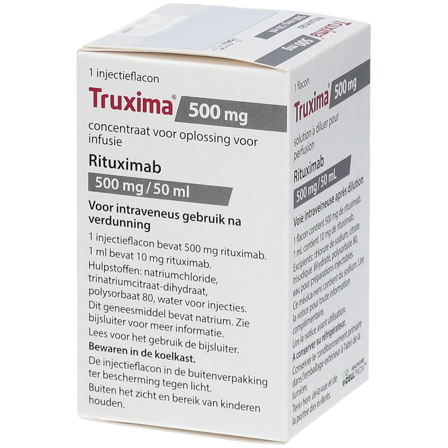 Karton mit Produktinformationen. Aufschrift: Truxima 500 mg, Konzentrat zur Herstellung einer Infusionslösung. Enthält Rituximab.