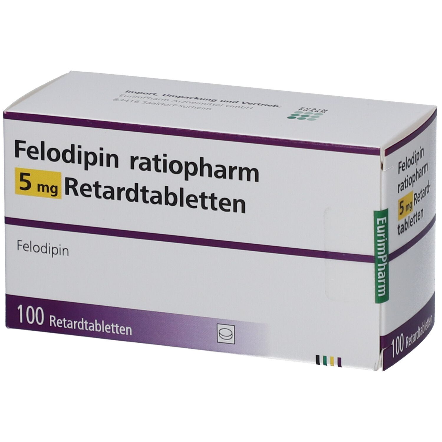 Schachtel mit Felodipin ratiopharm 5 mg Retardtabletten. Aufschrift: 100 Retardtabletten.