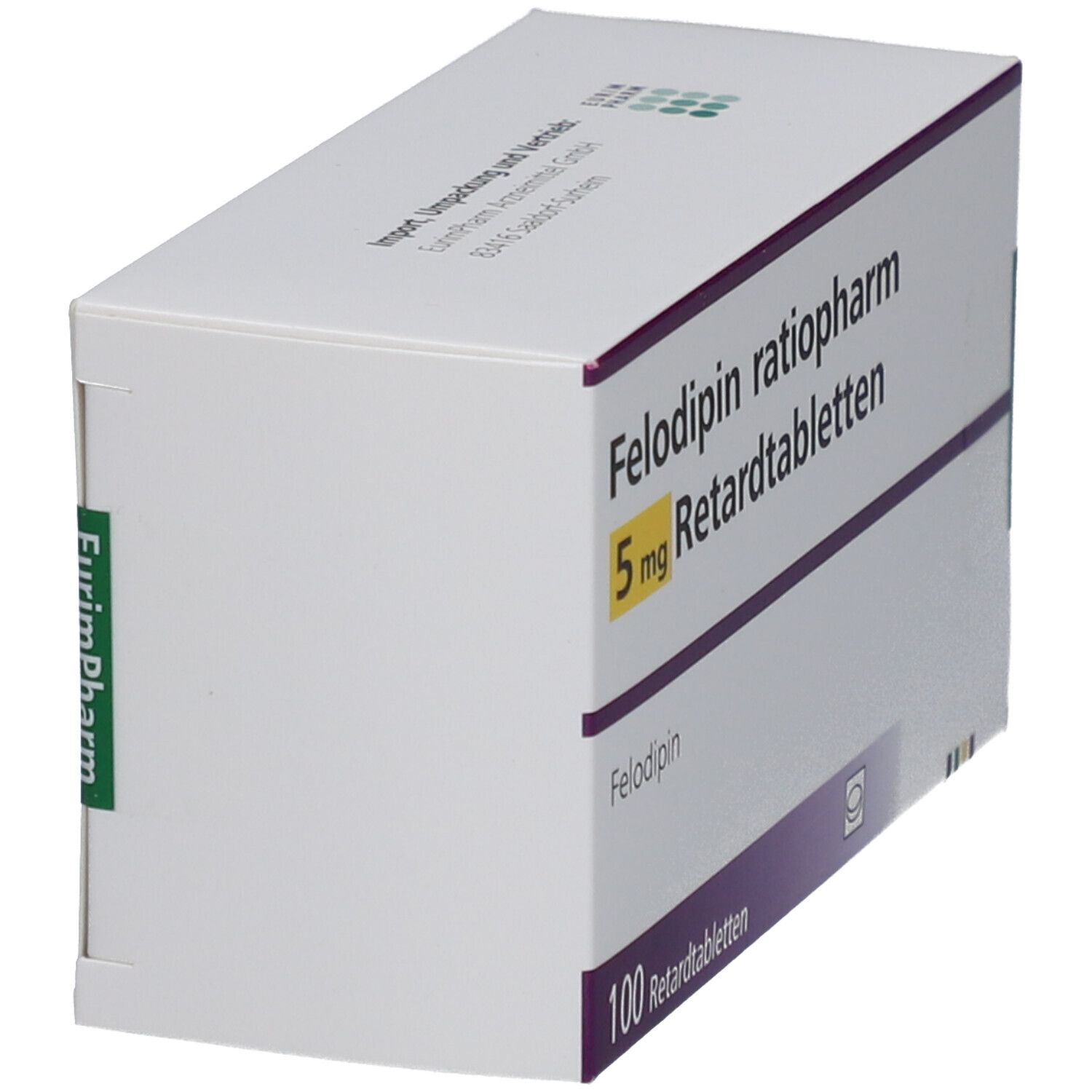 Schräg gestellte Schachtel mit Felodipin ratiopharm 5 mg Retardtabletten. Aufschrift: 100 Retardtabletten.