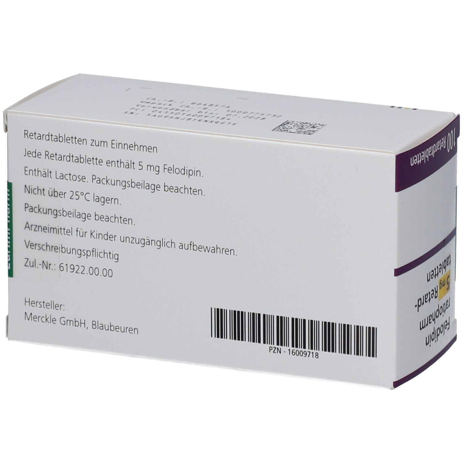 Rückseite der Schachtel mit Informationen zu Felodipin ratiopharm 5 mg Retardtabletten. Barcode unten.