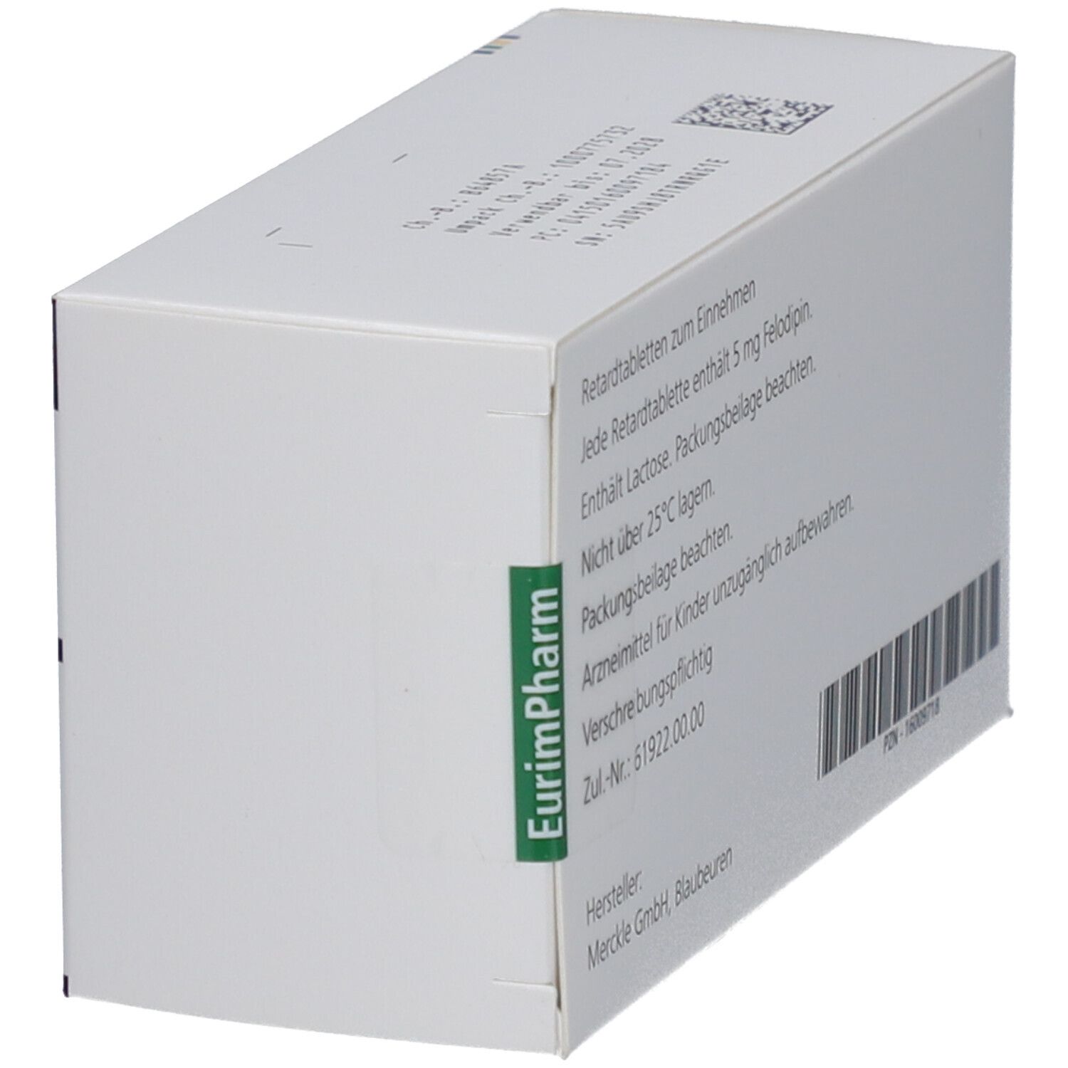 Schräg gestellte Schachtelrückseite mit Informationen zu Felodipin ratiopharm 5 mg Retardtabletten. Barcode.