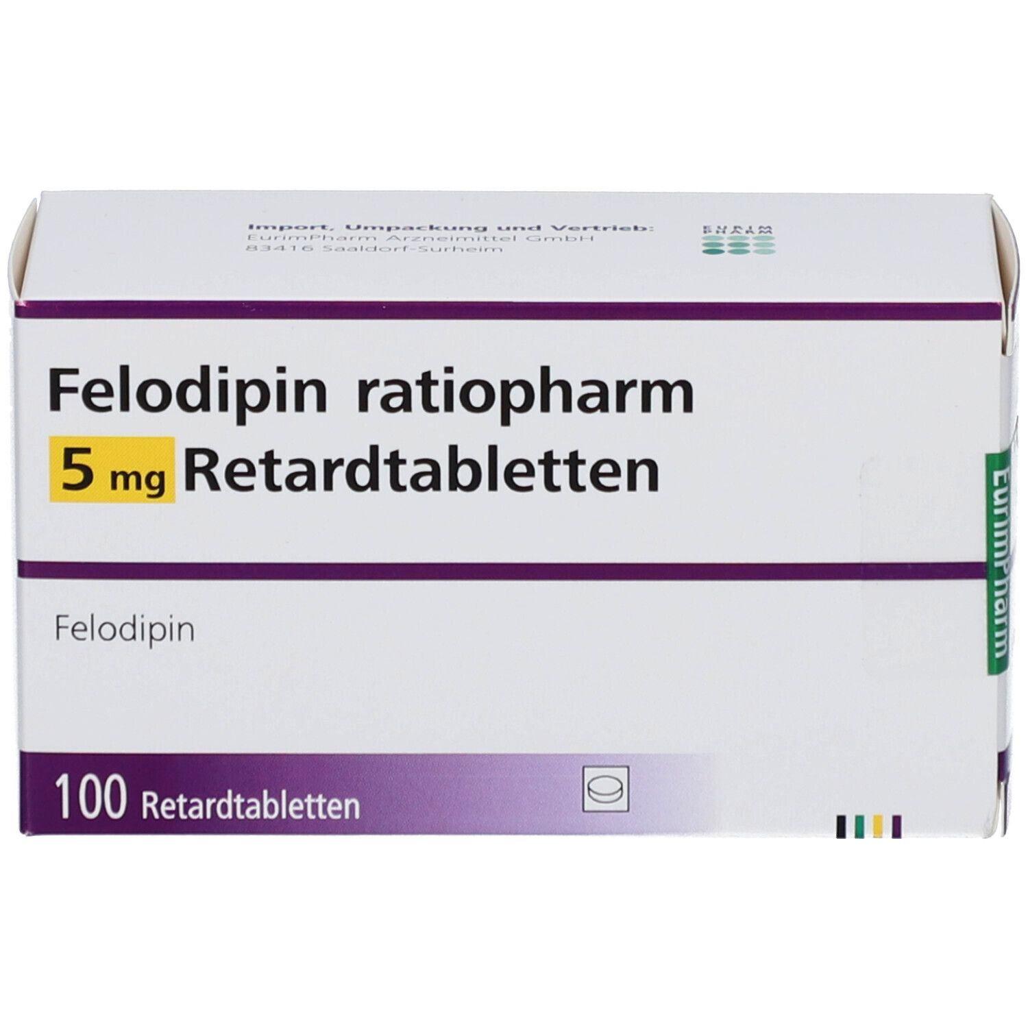 Schachtel mit Felodipin ratiopharm 5 mg Retardtabletten. Aufschrift: 100 Retardtabletten. Lila Streifen.