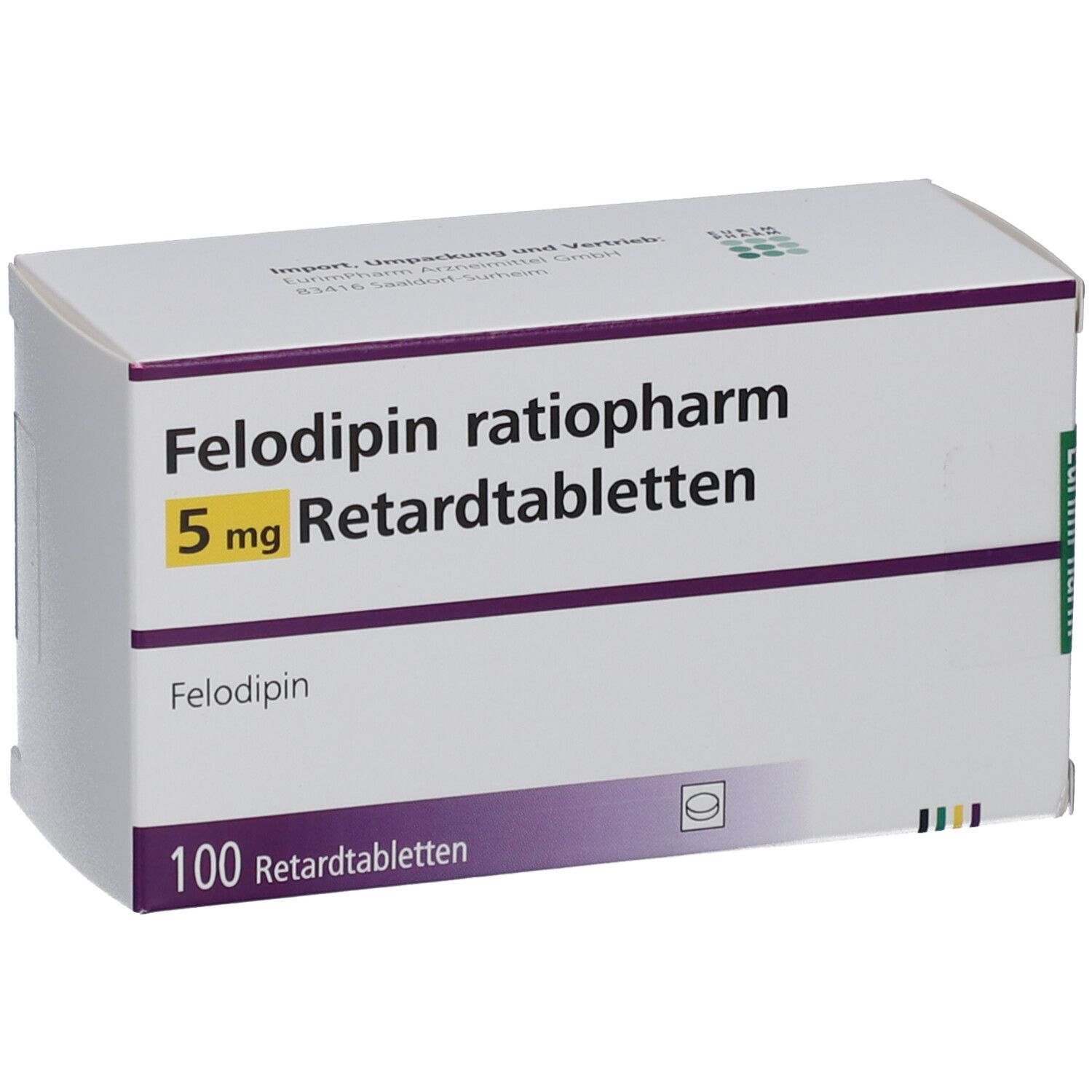 Schachtel mit Felodipin ratiopharm 5 mg Retardtabletten. Aufschrift: 100 Retardtabletten. Lila Streifen.