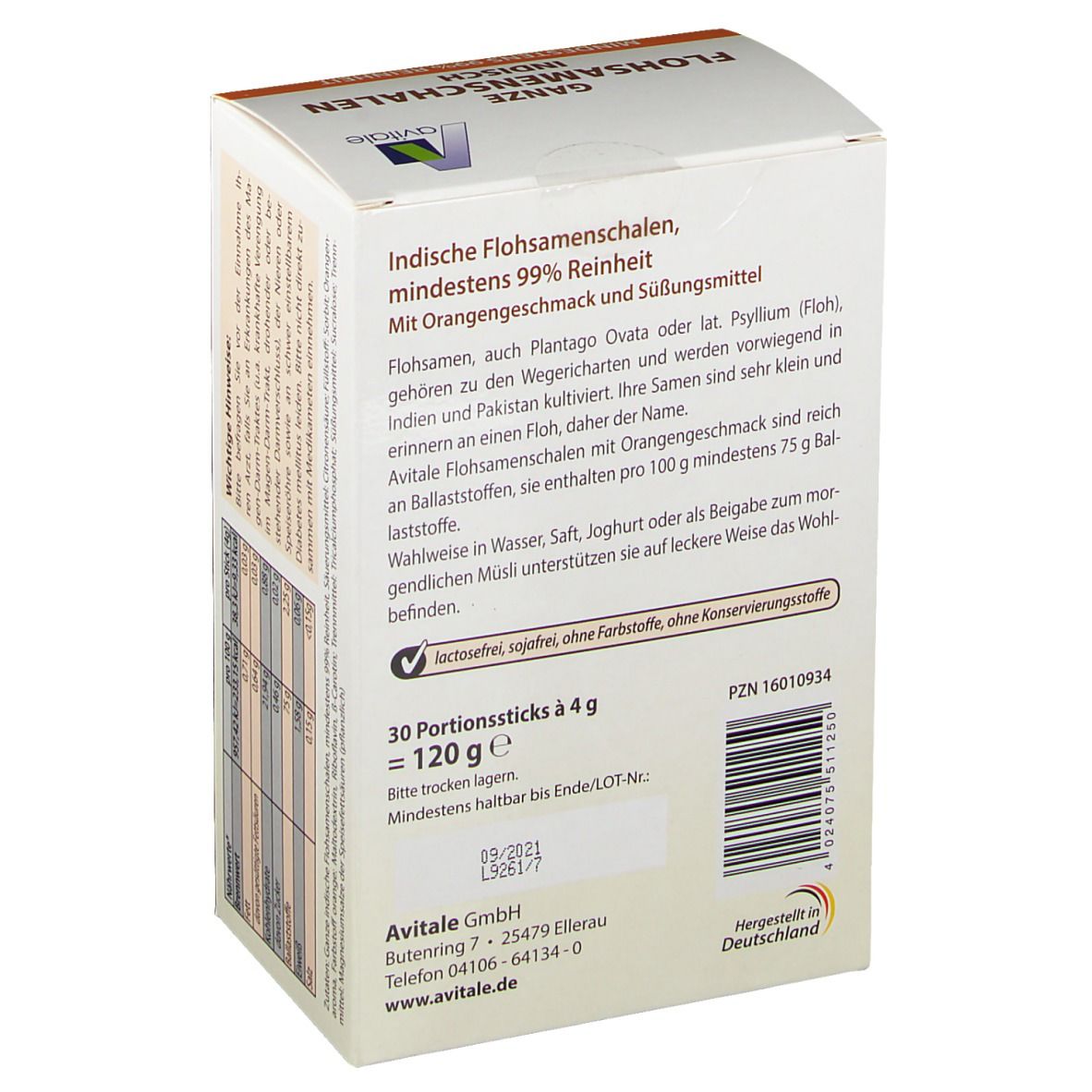Avitale Ganze Flohsamenschalen Indisch Portionssticks Orange