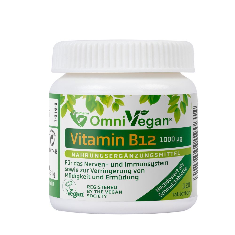 Weiße Flasche mit Schraubverschluss. Aufschrift: OmniVegan Vitamin B12, 1000 µg. Nahrungsergänzungsmittel. Vegan-Siegel. 120 Tabletten.