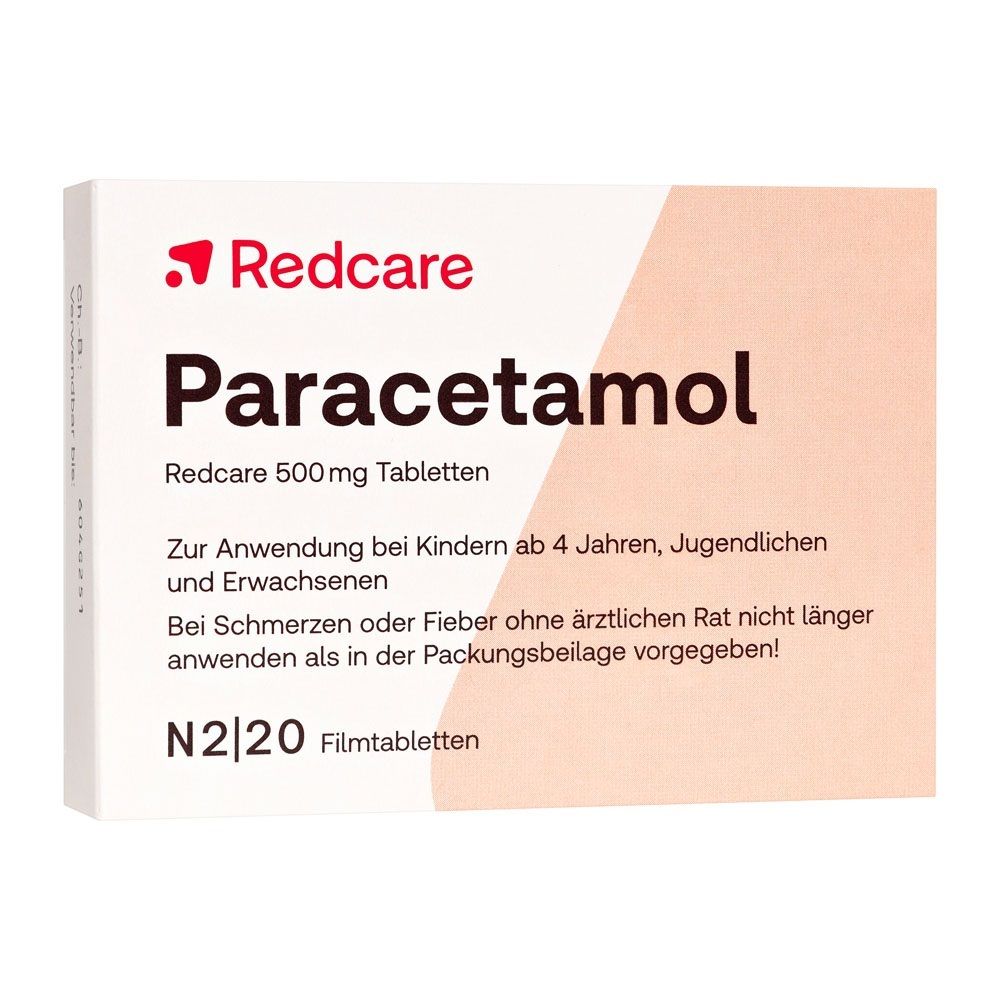 Rückseite der Packung Redcare Paracetamol 500 mg Tabletten mit Anwendungshinweisen.