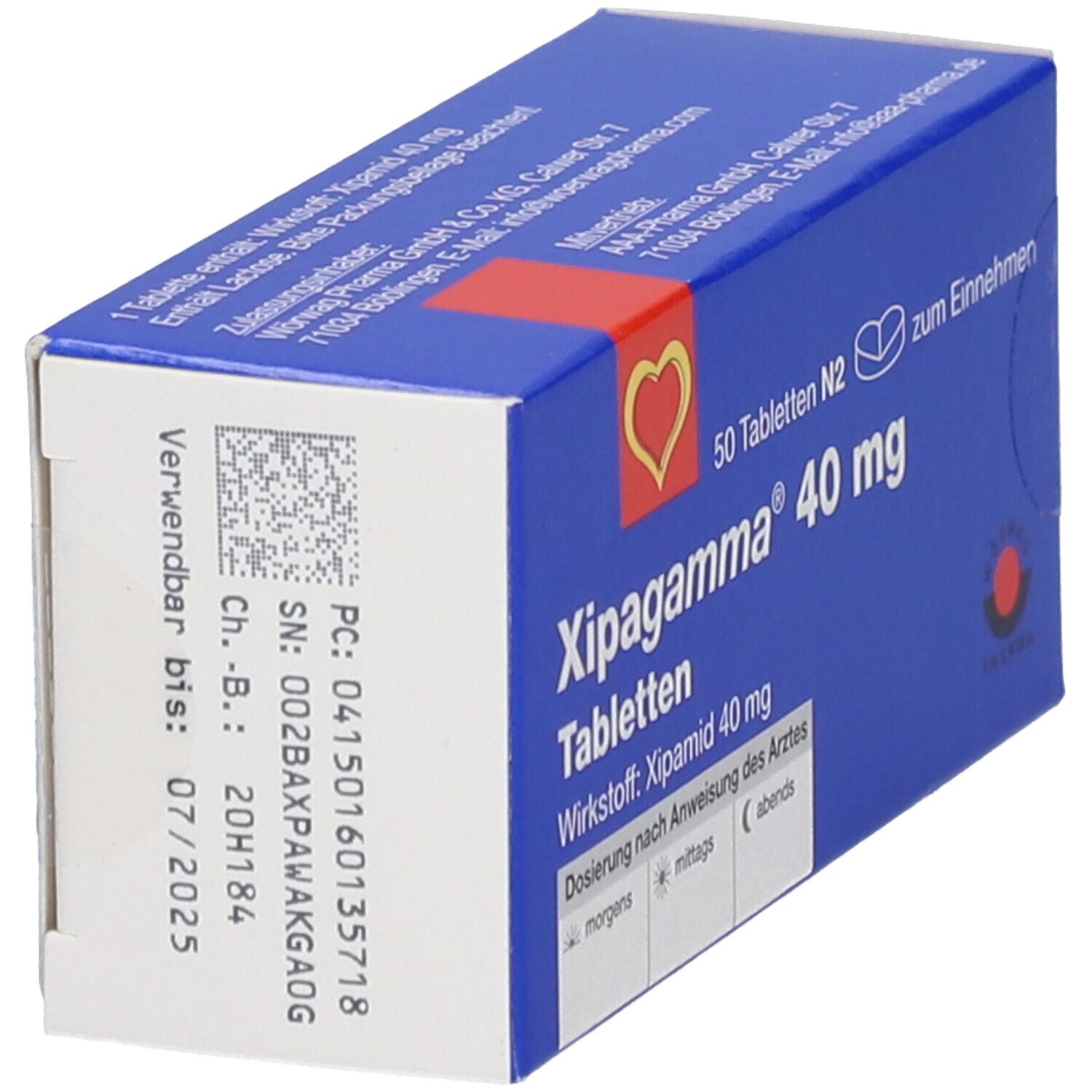 Blaue Schachtel Xipagamma 40 mg Tabletten. Rückseite mit Chargennummer, Verfallsdatum und Barcode. Hersteller: ROWA PHARMA.