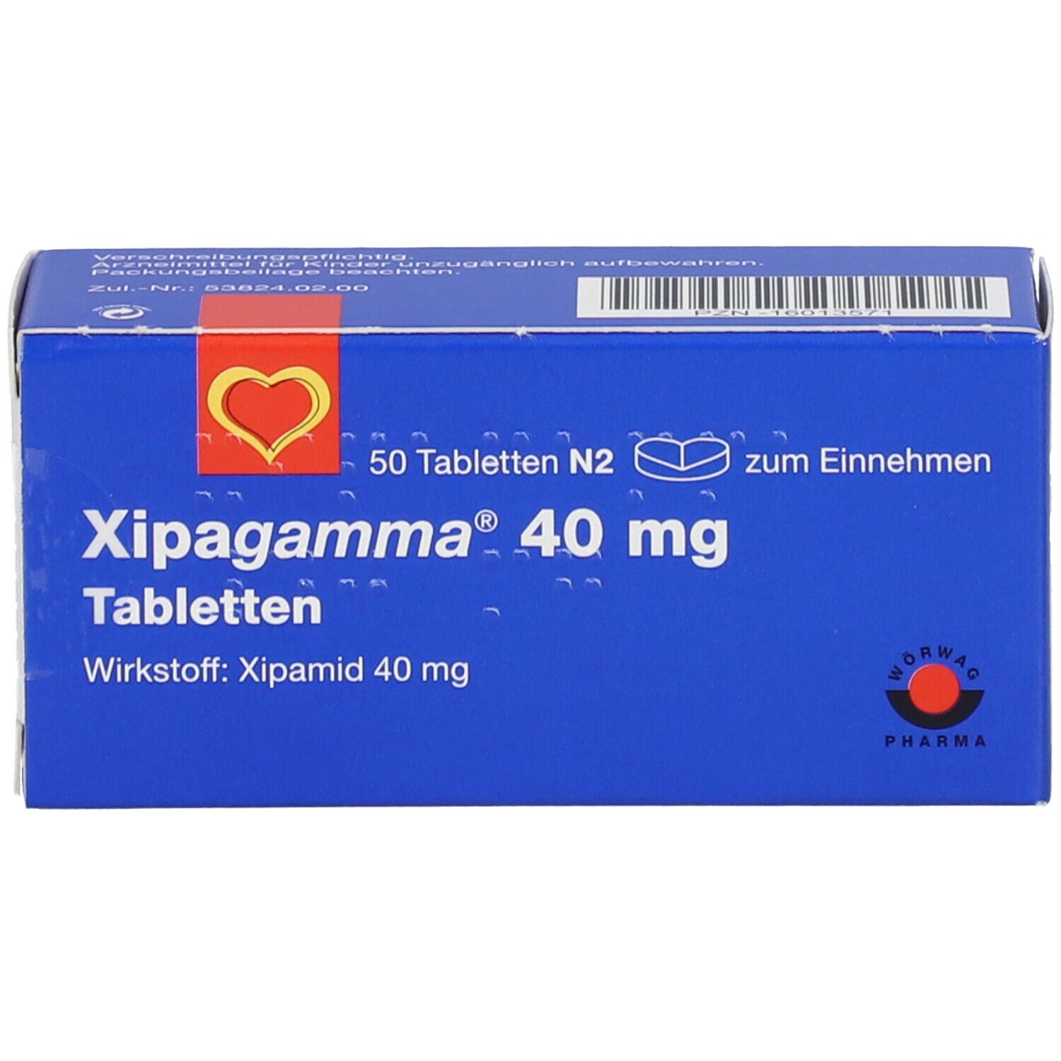 Blaue Schachtel Xipagamma 40 mg Tabletten. Enthält 50 Tabletten. Logo mit Herz. Hersteller: ROWA PHARMA.