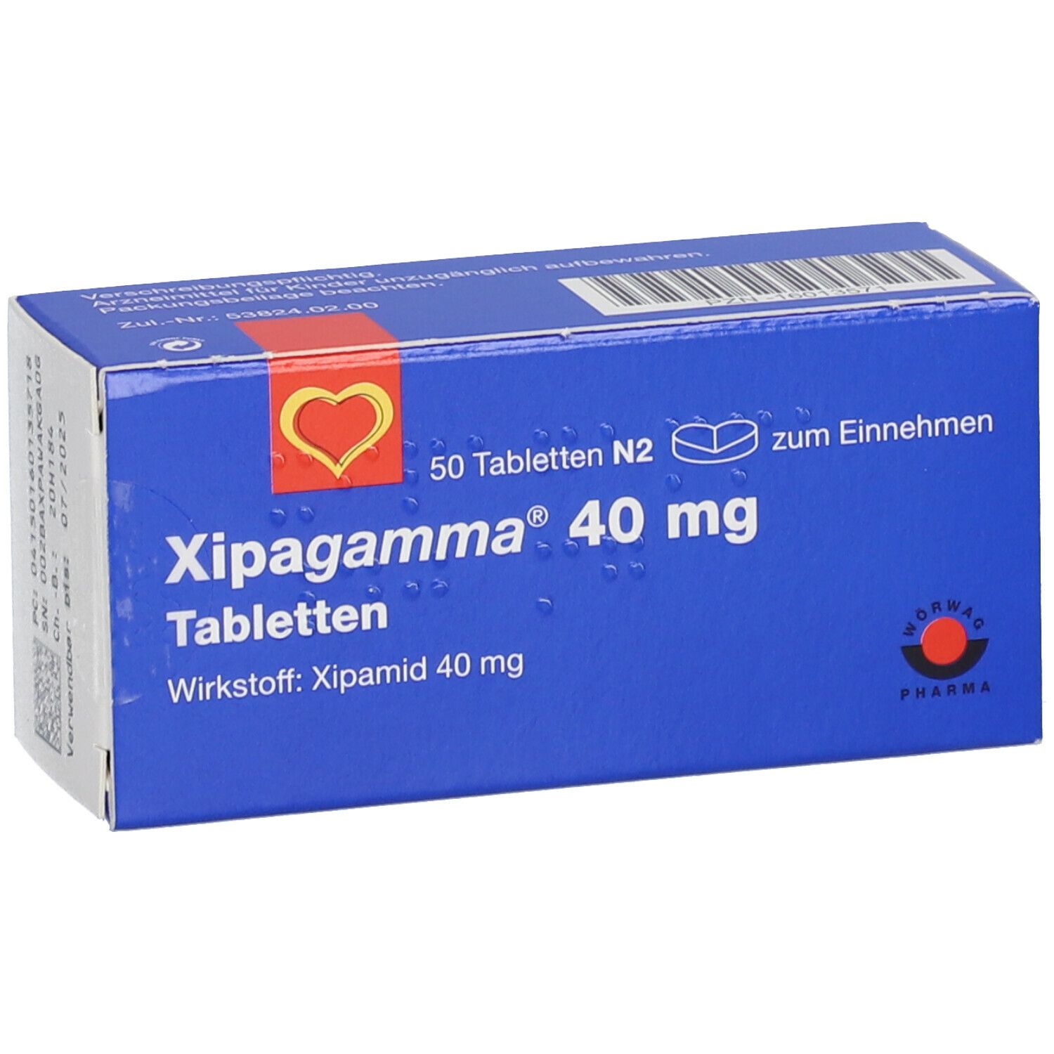 Blaue Schachtel Xipagamma 40 mg Tabletten. Enthält 50 Tabletten. Logo mit Herz. Hersteller: ROWA PHARMA.