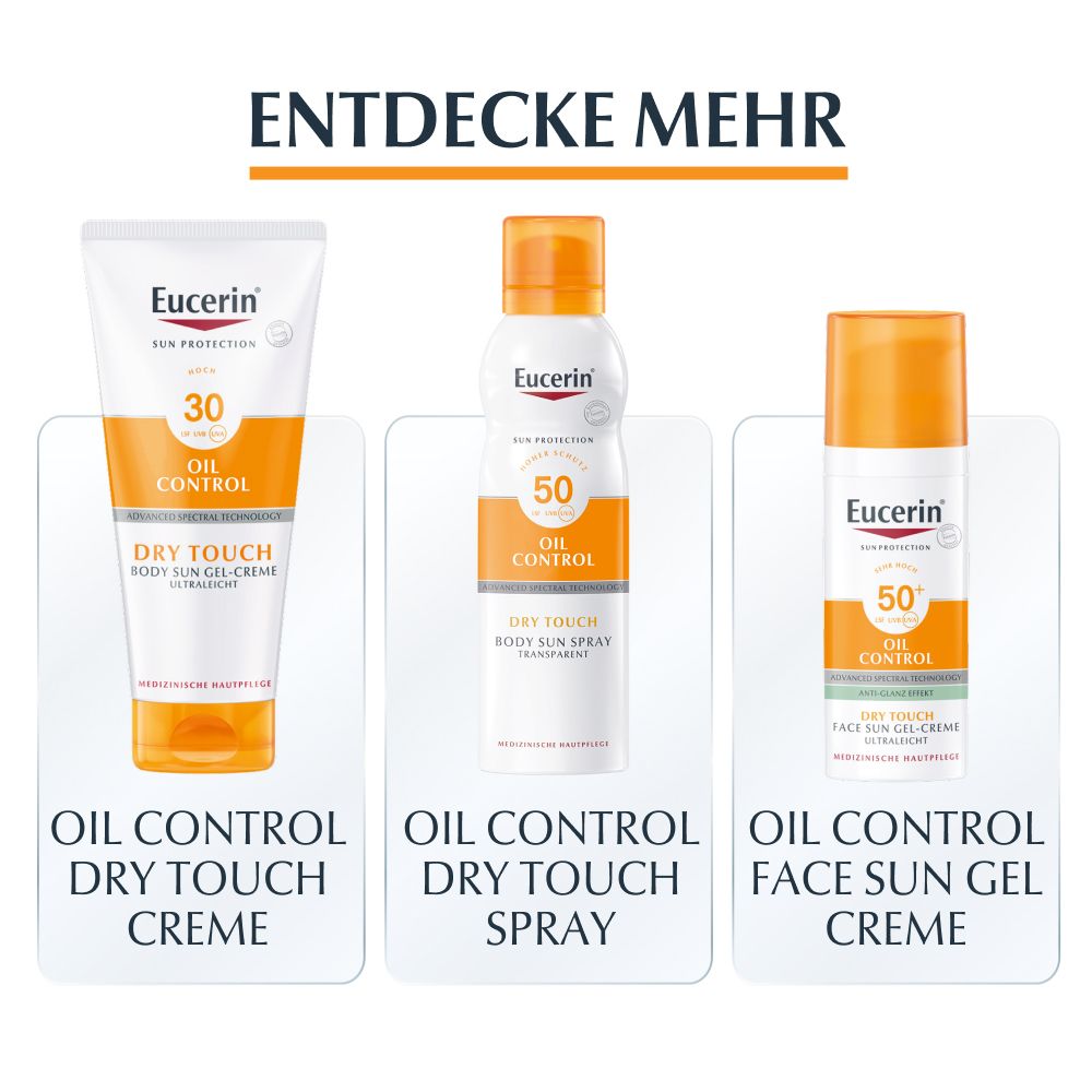 Drei Eucerin Oil Control Produkte: Dry Touch Creme, Dry Touch Spray, Face Sun Gel Creme. Auf weißem Hintergrund.