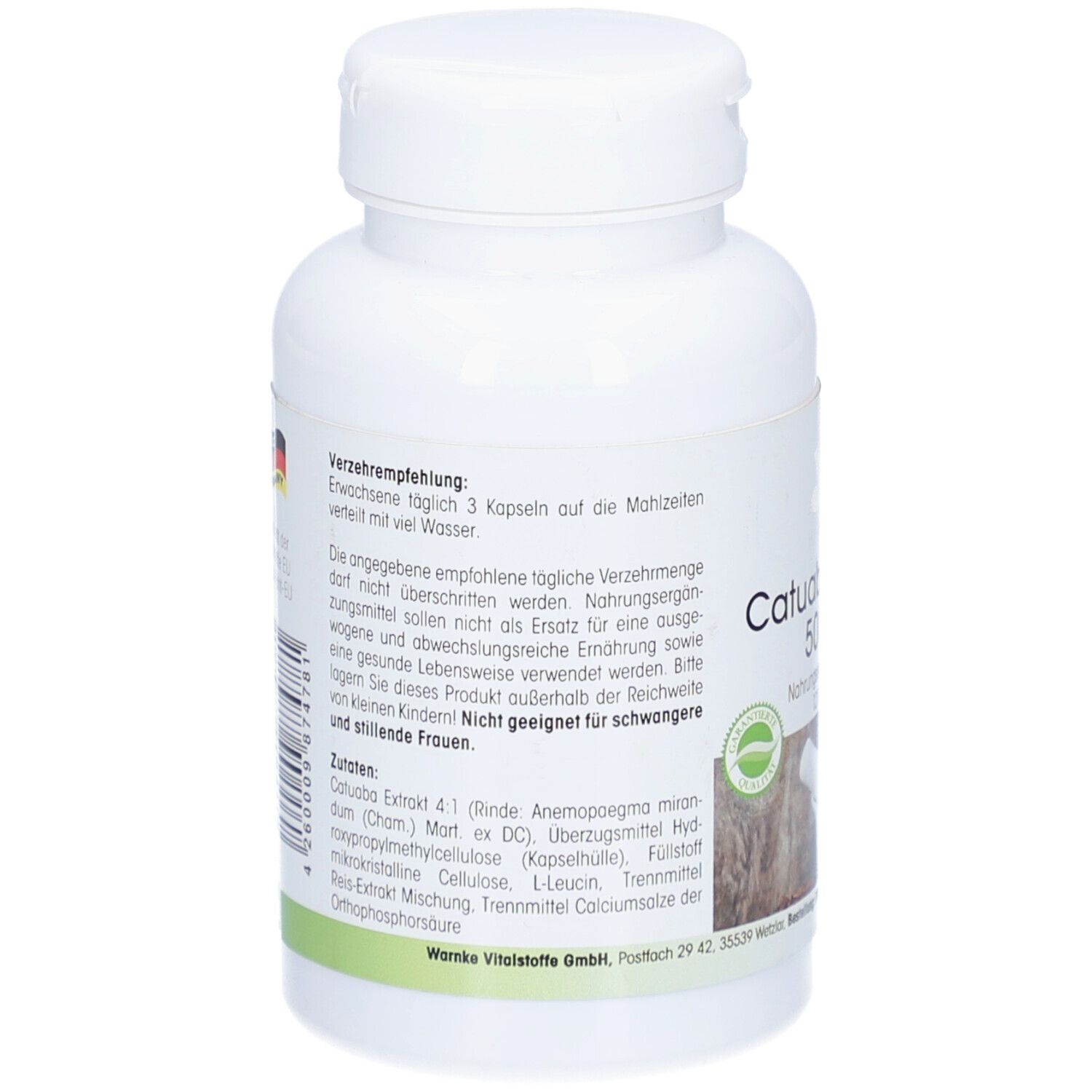 Rückseite der weißen Flasche. Text: Verzehrempfehlung, Zutaten. Hergestellt in Deutschland. Logo.