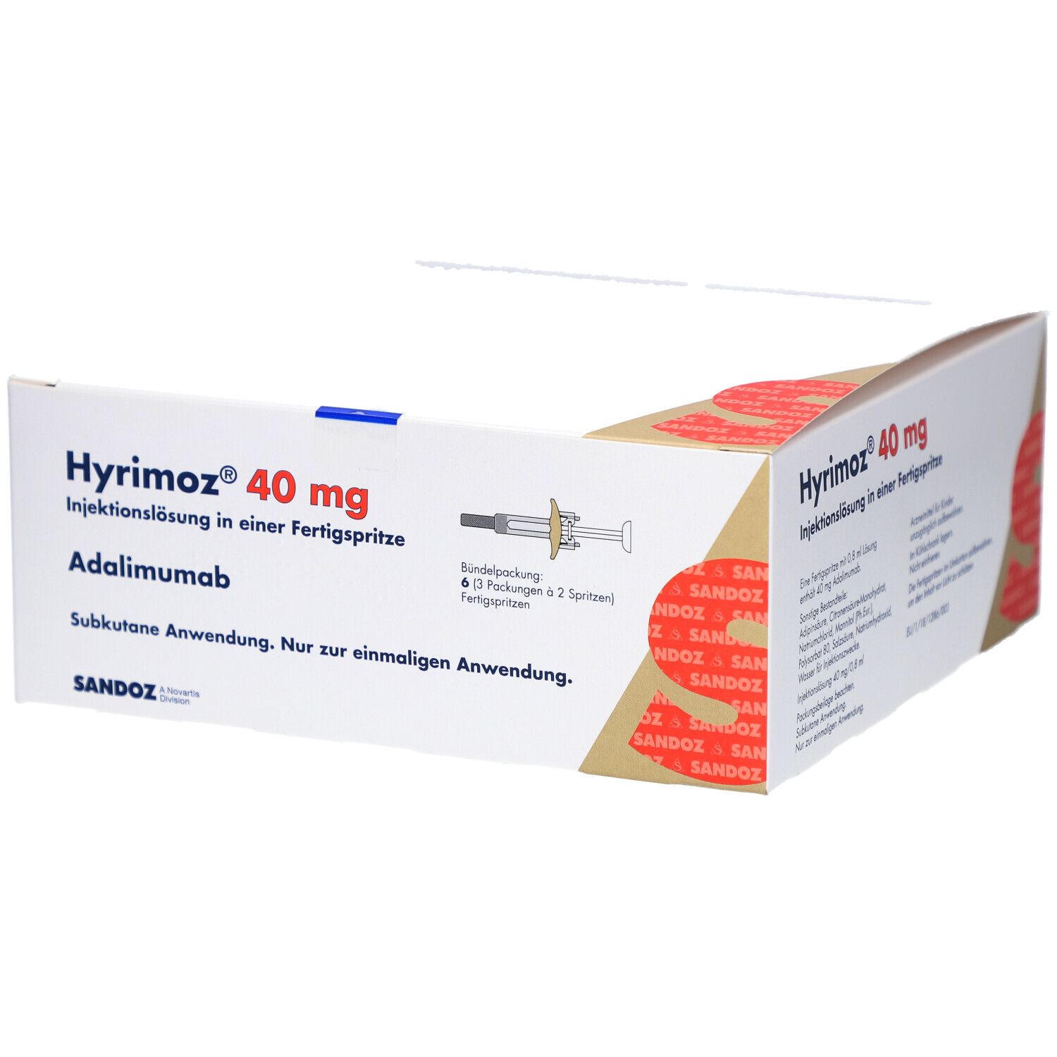 Verpackung von HYRIMOZ 40 mg Injektionslösung. Enthält Fertigspritzen. SANDOZ Logo.