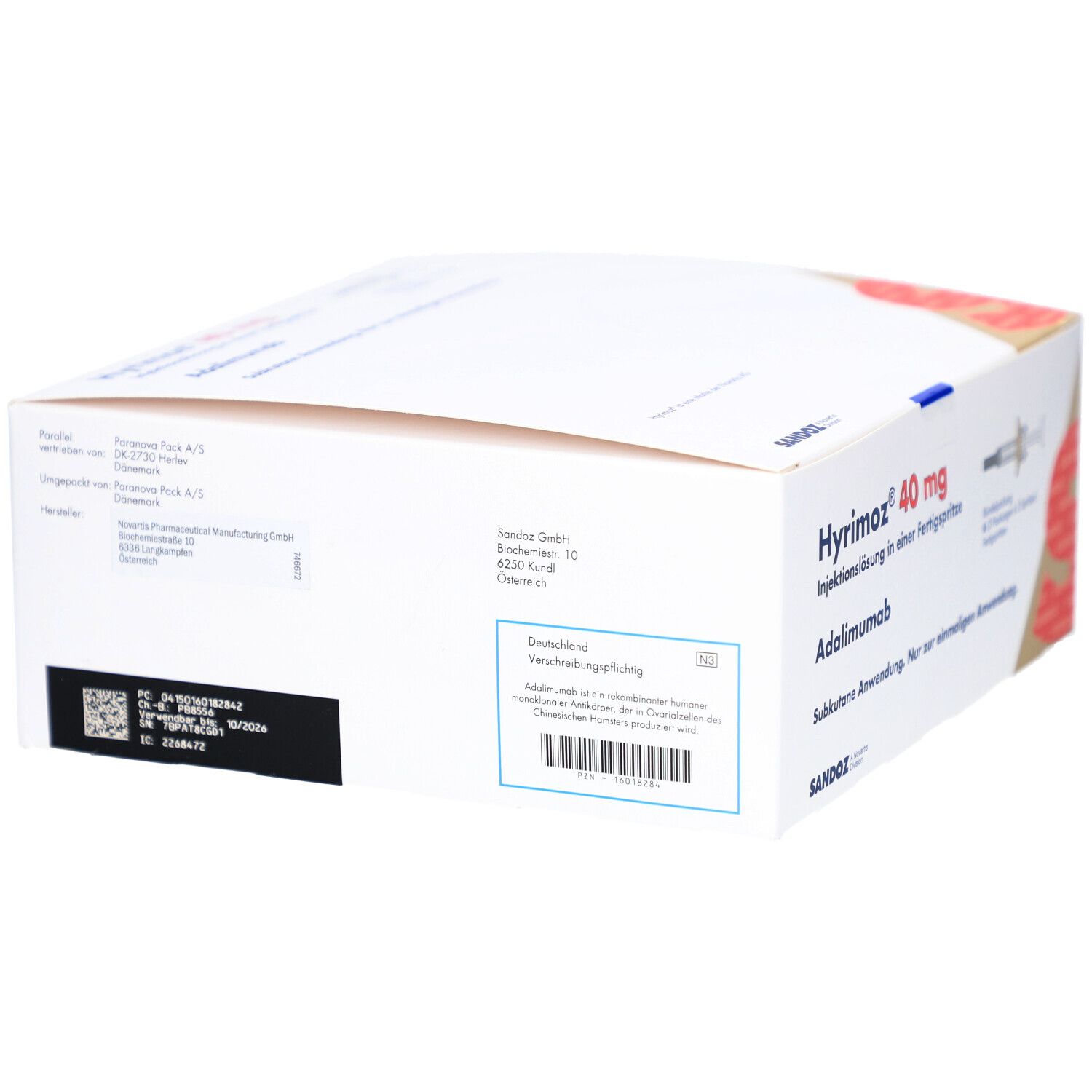 Rückseite der HYRIMOZ 40 mg Verpackung. Enthält Informationen und Barcode. SANDOZ Logo.