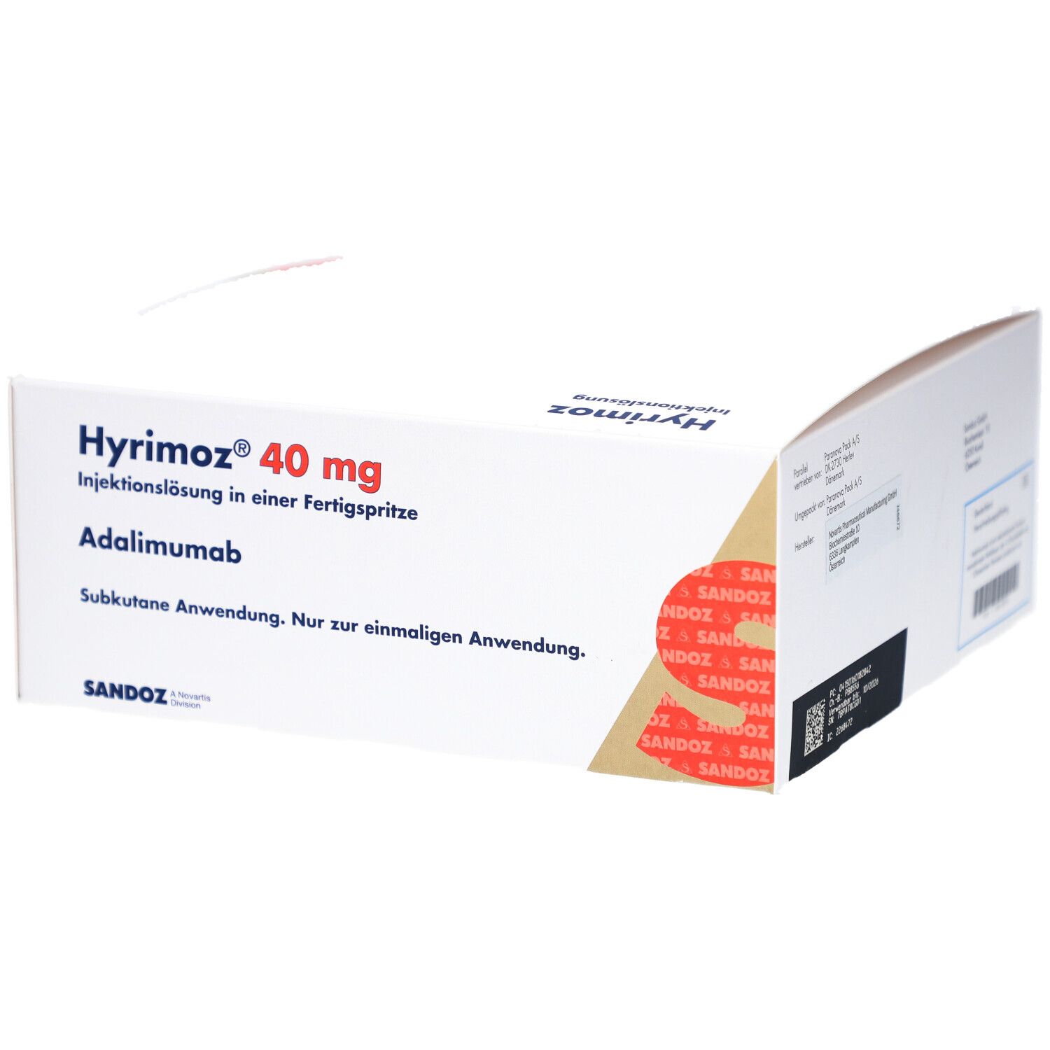 Seitenansicht der HYRIMOZ 40 mg Verpackung. SANDOZ Logo und Produktinformationen.