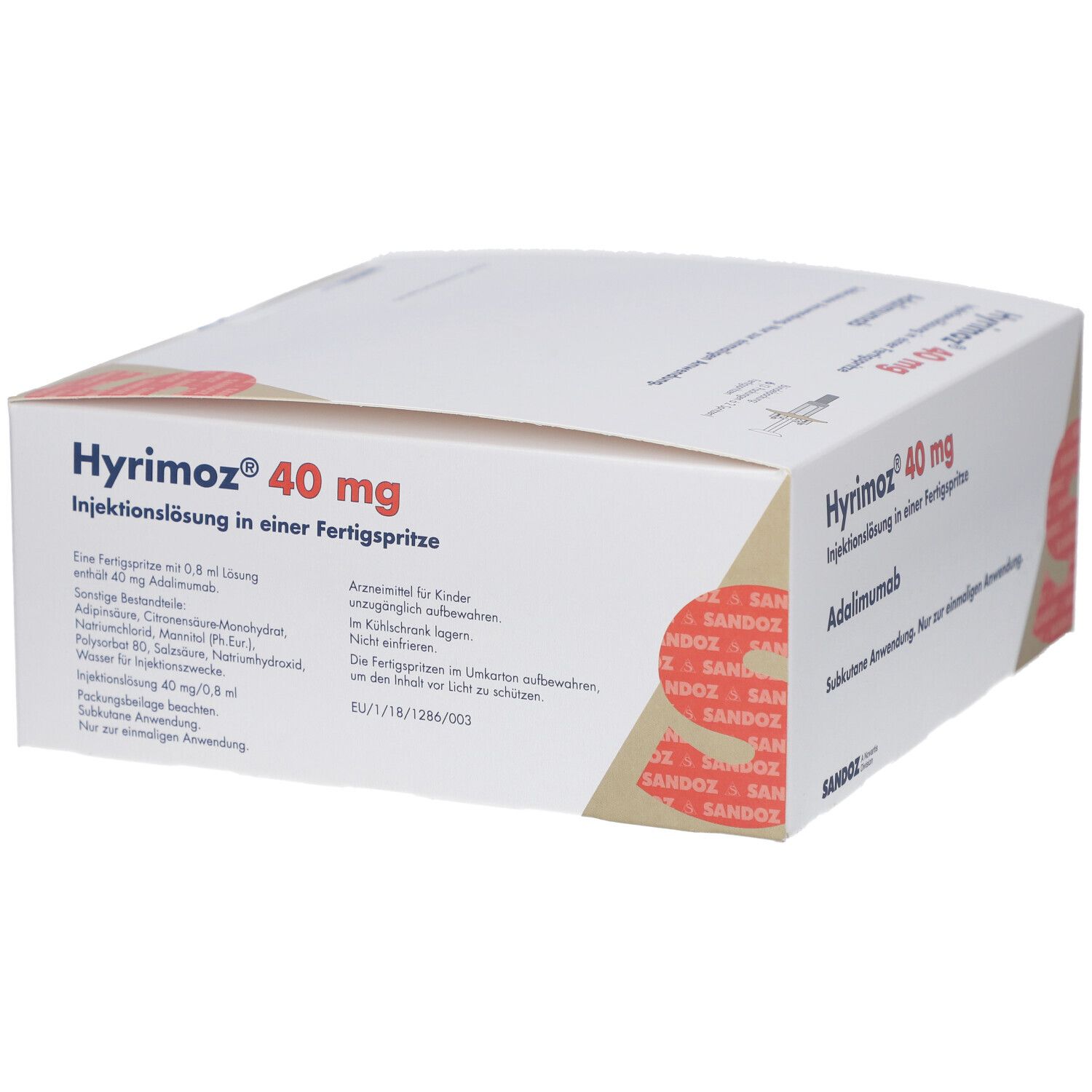 HYRIMOZ 40 mg Verpackung mit Produktinformationen. SANDOZ Logo und Text.