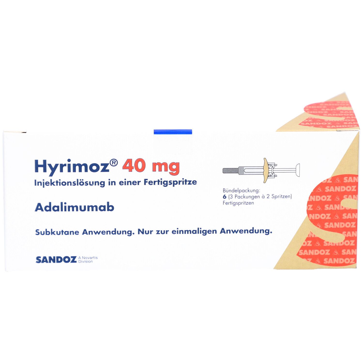 HYRIMOZ 40 mg Verpackung mit Fertigspritzen-Symbol. SANDOZ Logo und Text.