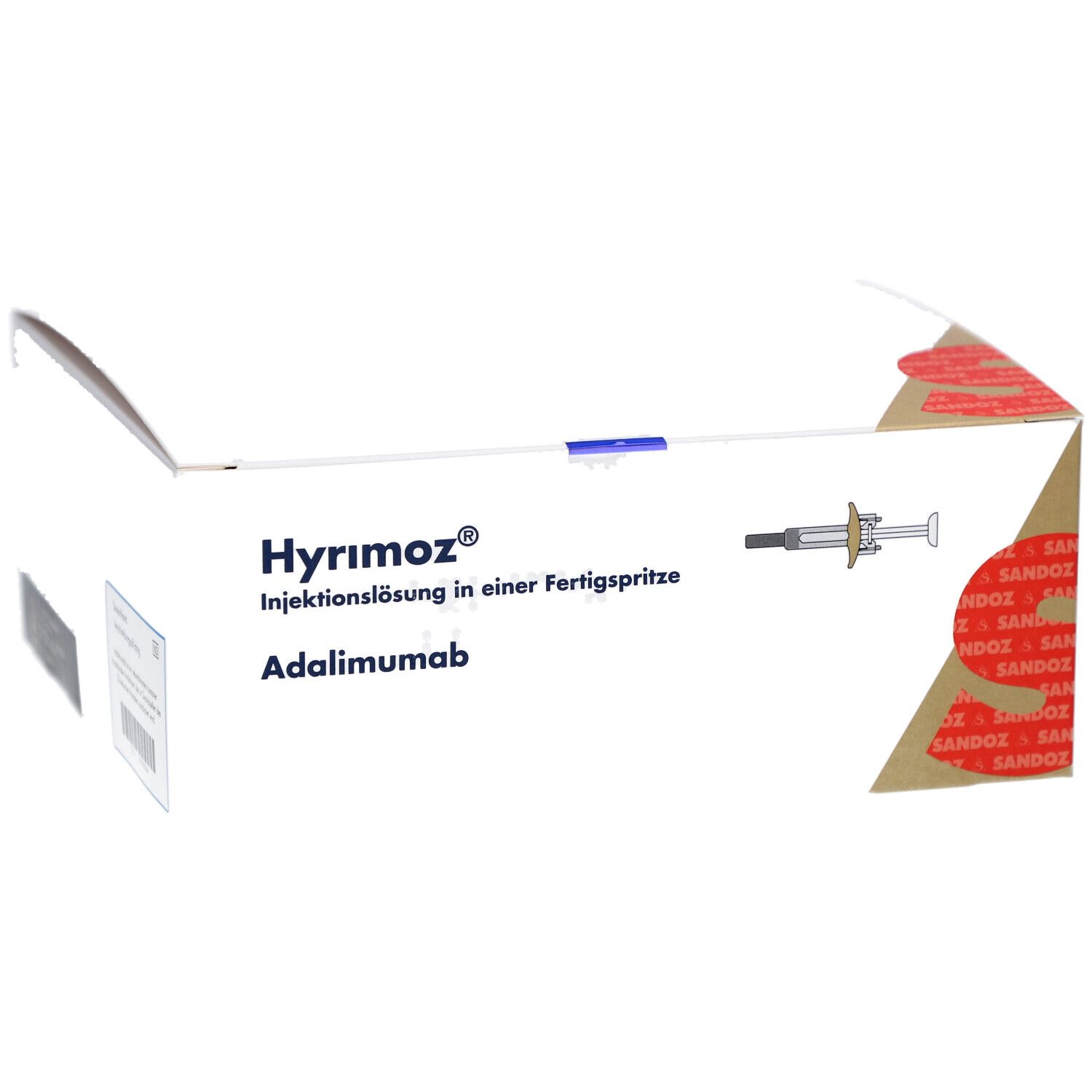 HYRIMOZ 40 mg Verpackung mit Fertigspritzen-Symbol. SANDOZ Logo und Text.