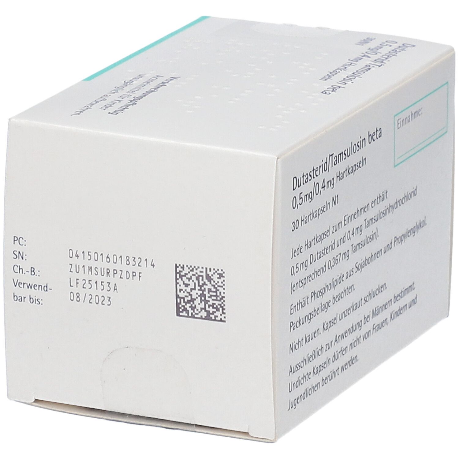 Rückseite eines weißen Kartons mit Text und Barcode. Aufschrift: Dutasterid/Tamsulosin beta 0,5 mg/0,4 mg Hartkapseln.