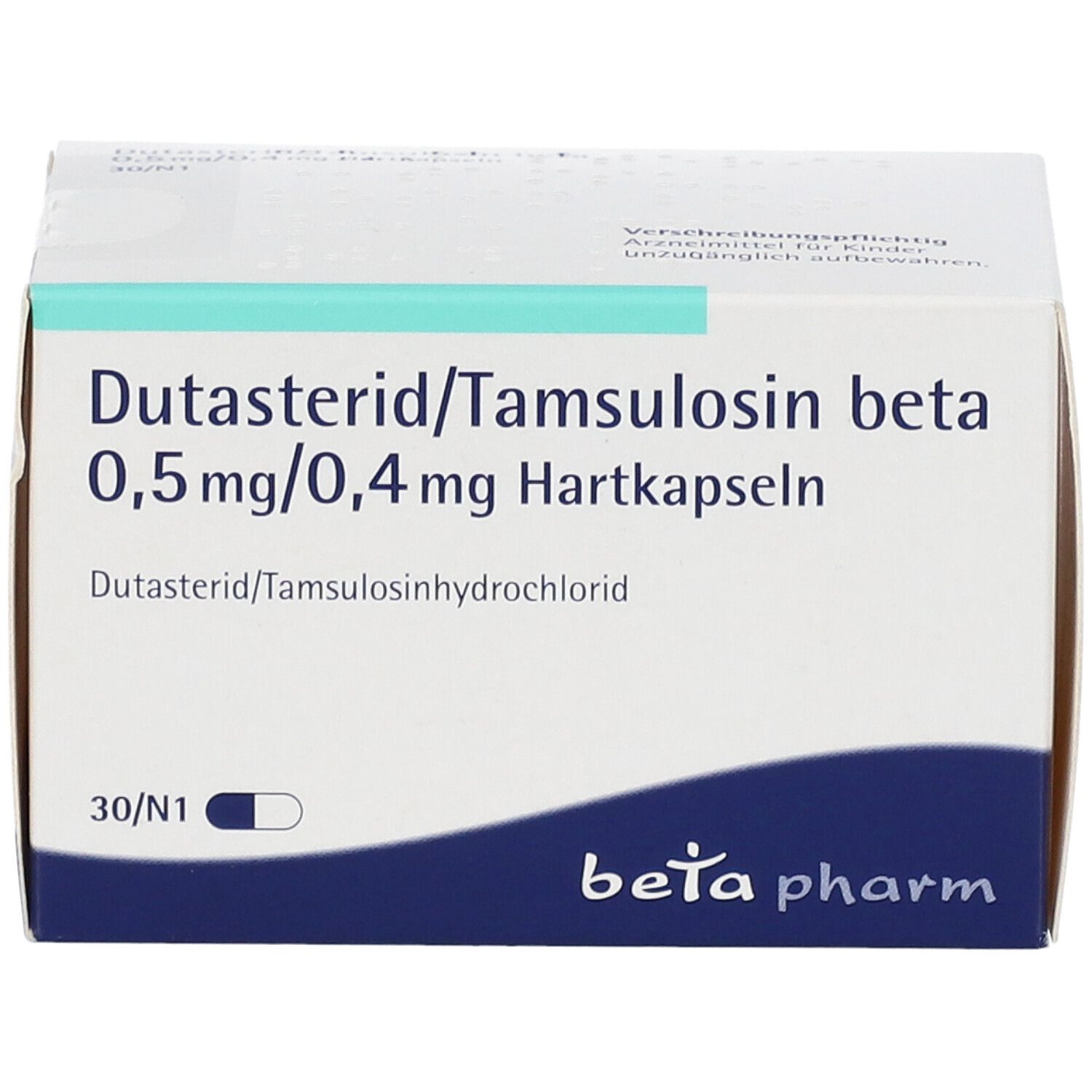Weißer Karton mit Aufschrift: Dutasterid/Tamsulosin beta 0,5 mg/0,4 mg Hartkapseln. Logo: beta pharm.