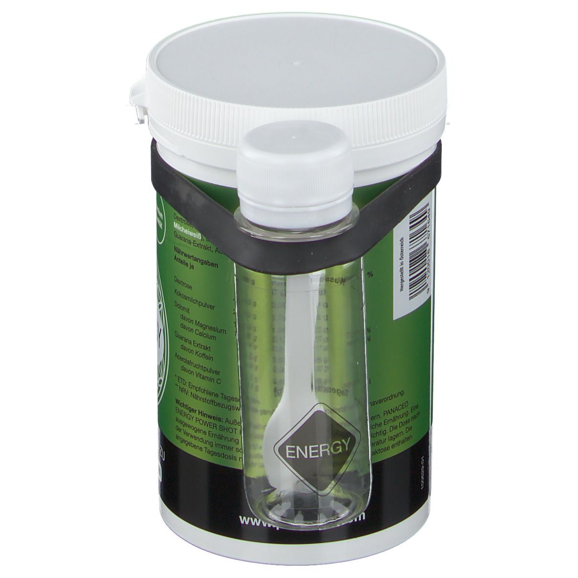 Behälter mit weißem Deckel und schwarzem Gummiband. Transparente Flasche mit Löffel. Aufschrift ENERGY.