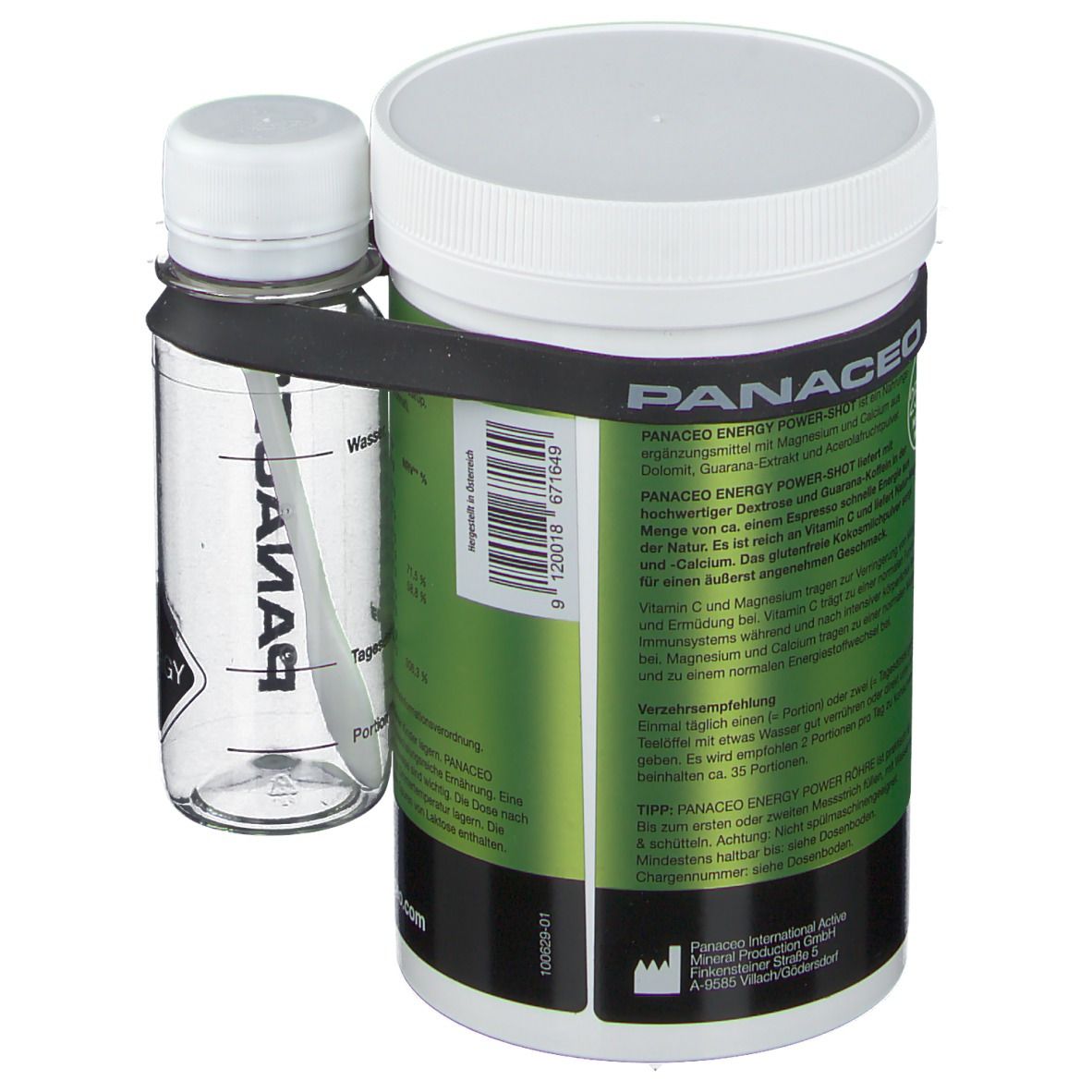 Behälter mit weißem Deckel und schwarzem Gummiband. Transparente Flasche mit Löffel. Aufschrift PANACEO ENERGY POWER.
