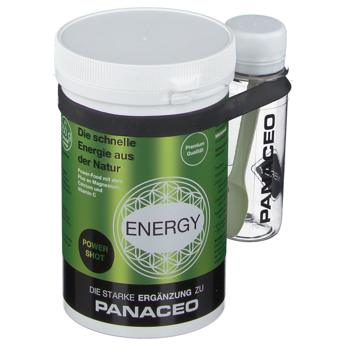 Behälter mit weißem Deckel und schwarzem Gummiband. Transparente Flasche mit Löffel. Aufschrift PANACEO und ENERGY POWER SHOT.
