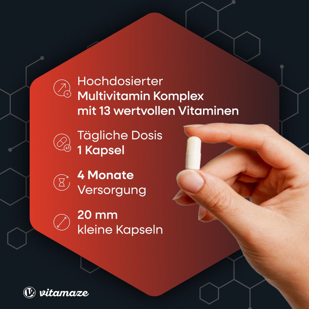 Rote Grafik mit Informationen. Hochdosierter Multivitamin Komplex. Tägliche Dosis: 1 Kapsel. 4 Monate Versorgung. 20 mm kleine Kapseln.