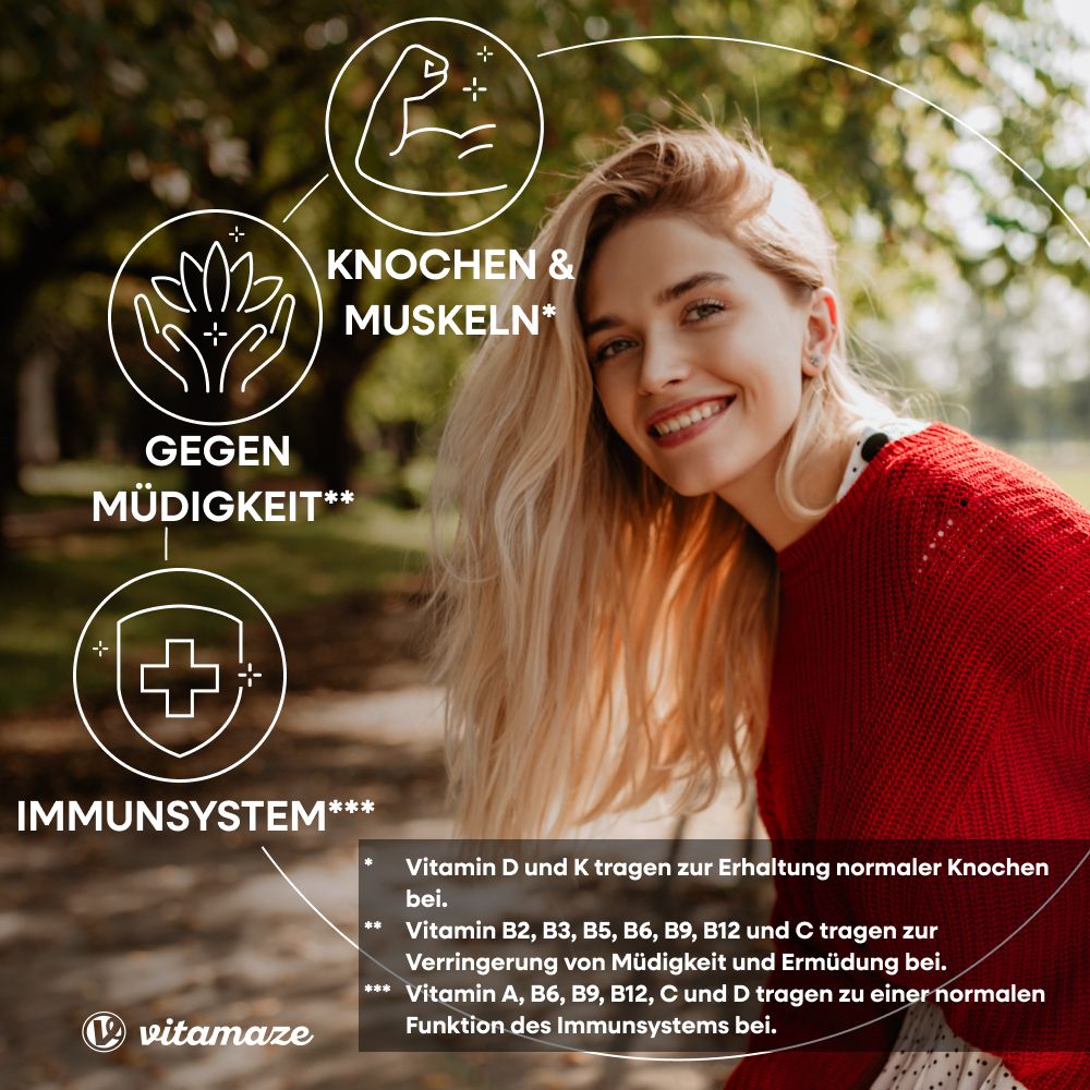 Frau lächelt. Grafiken: Knochen & Muskeln, gegen Müdigkeit, Immunsystem. Text: Vitamin D und K für Knochen, B2, B3, B5, B6, B9, B12 und C für Müdigkeit.