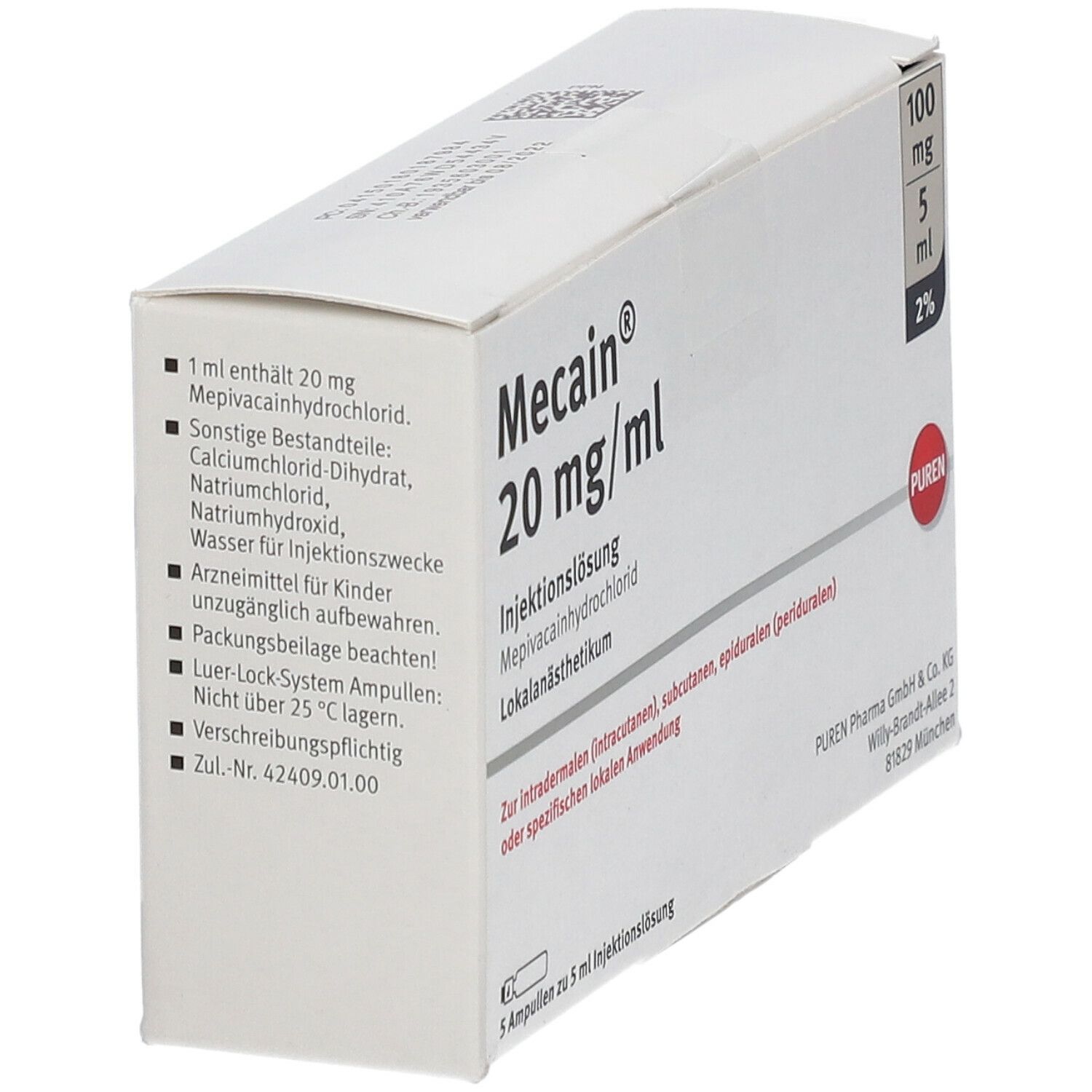 Mecain 2% 20 mg/ml Inj.L.100mg/5ml Luer-Lock Amp. 5x5 ml Injektionslösung