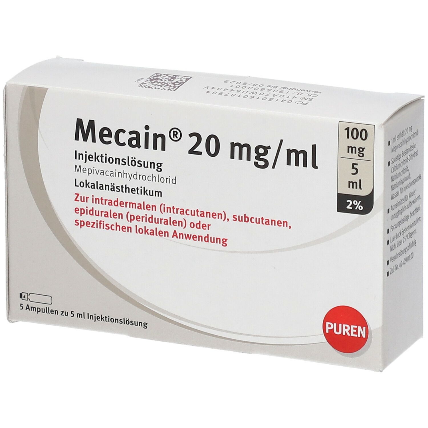 MECAIN 2% 20 mg/ml Inj.L.100mg/5ml Luer-Lock Amp.