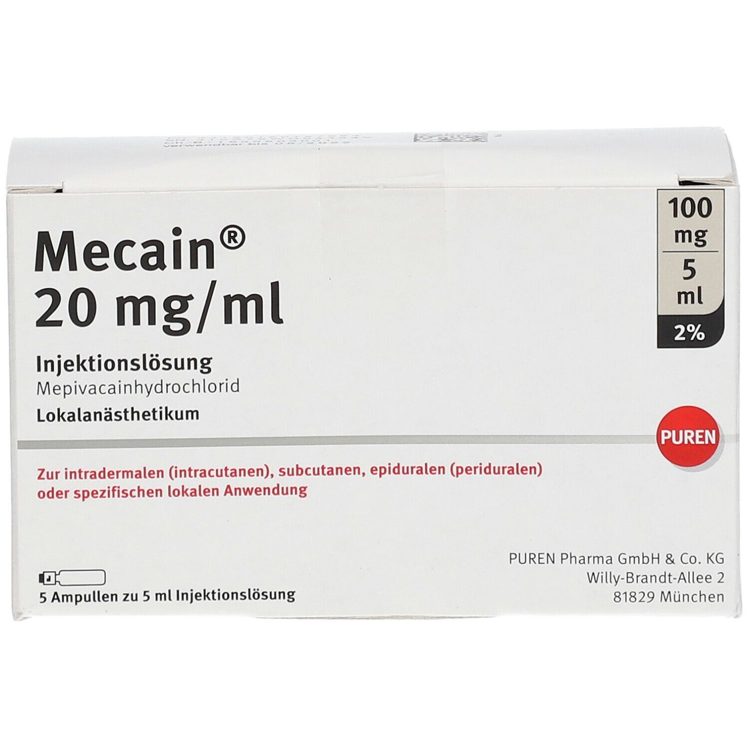 MECAIN 2% 20 mg/ml Inj.L.100mg/5ml Luer-Lock Amp.