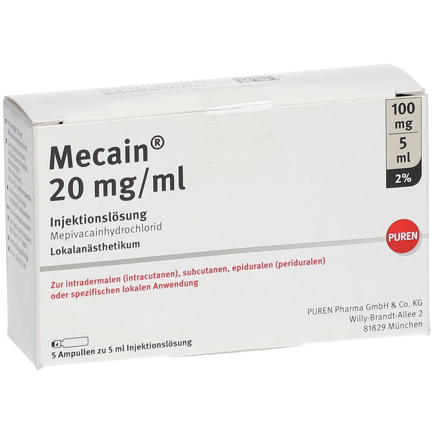 MECAIN 2% 20 mg/ml Inj.L.100mg/5ml Luer-Lock Amp.