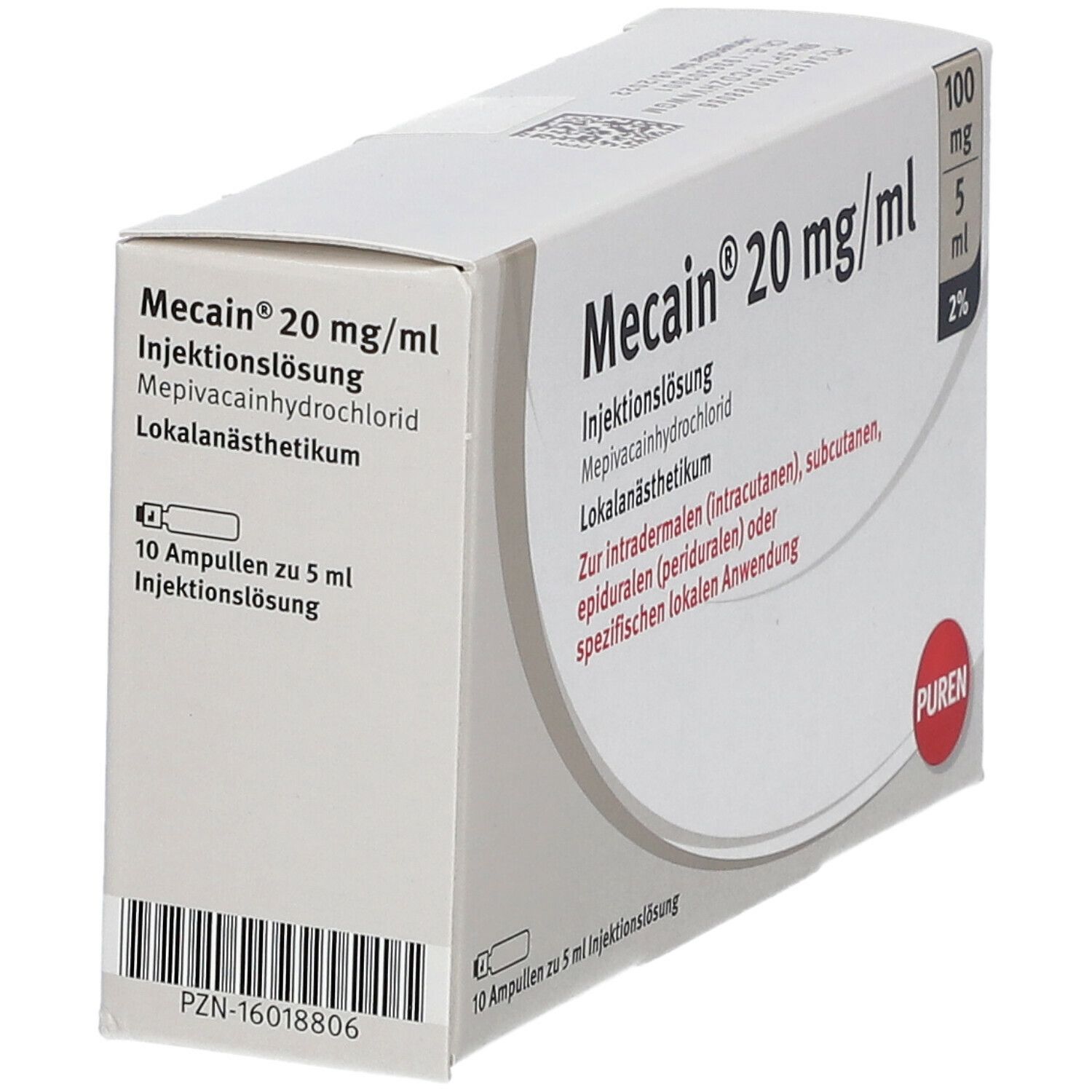 Mecain 2% 20 mg/ml Inj.L.100mg/5ml Luer-Lock Amp. 10x5 ml Injektionslösung