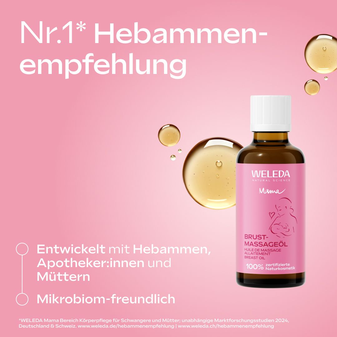 Weleda Brust-Massageöl. Flasche und Verpackung. Text: Nr.1 Hebammenempfehlung. Entwickelt mit Hebammen, Apotheker:innen und Müttern.