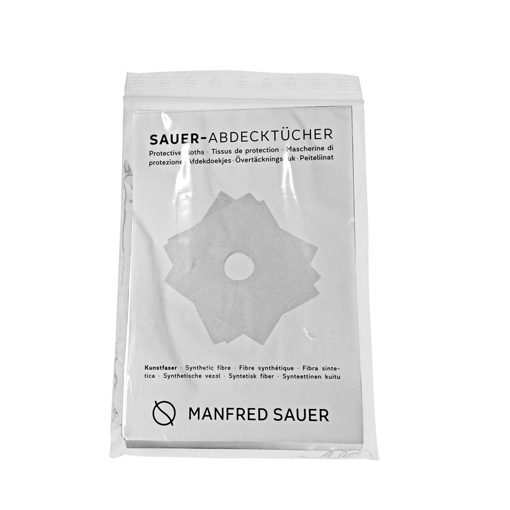 Verpackung mit MANFRED SAUER Abdecktüchern für Urinal-Kondome. Quadratische Tücher mit zentralem Loch.