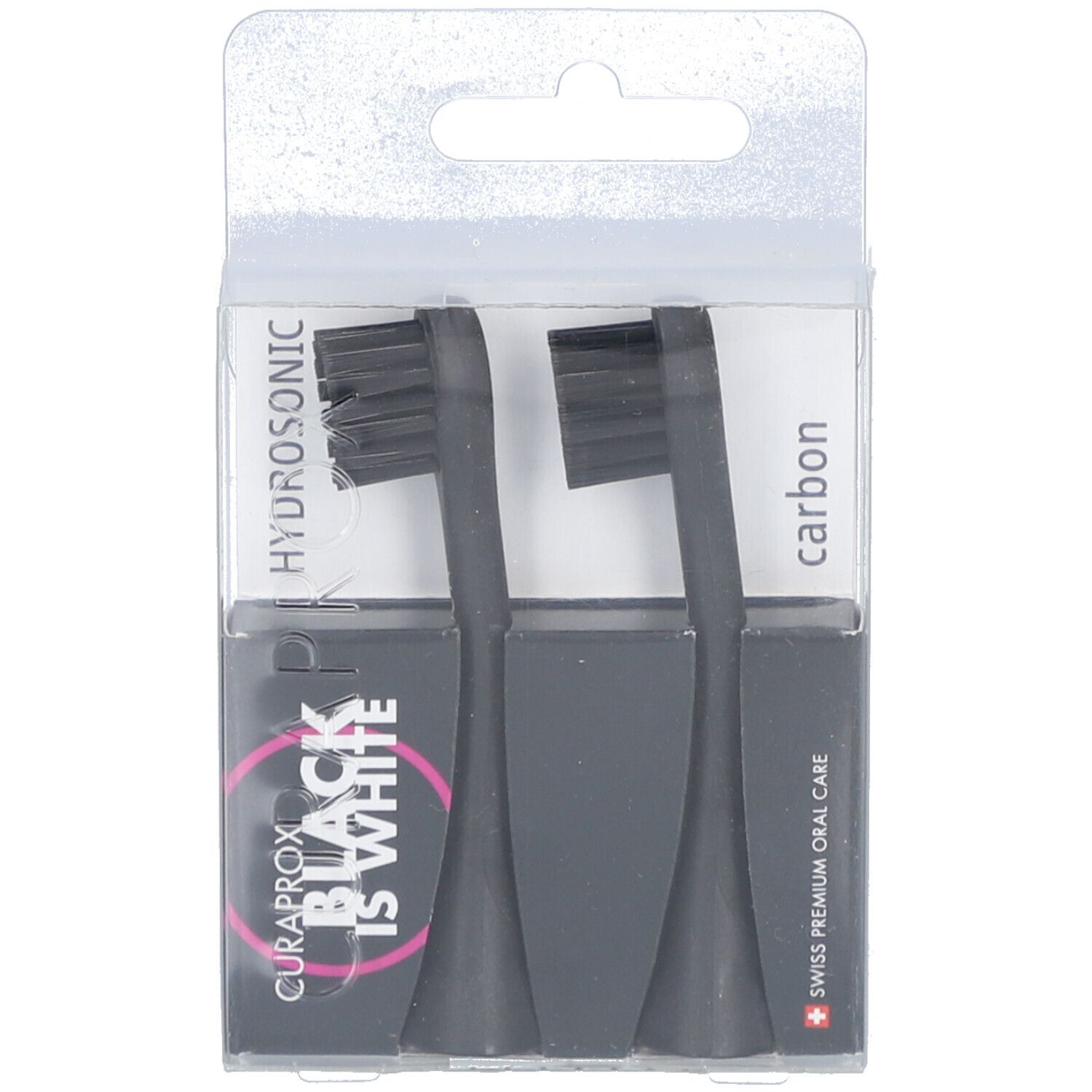 Zwei schwarze Bürstenköpfe in einer transparenten Verpackung. Aufdruck: Curaprox Black is White, Hydrosonic, carbon.