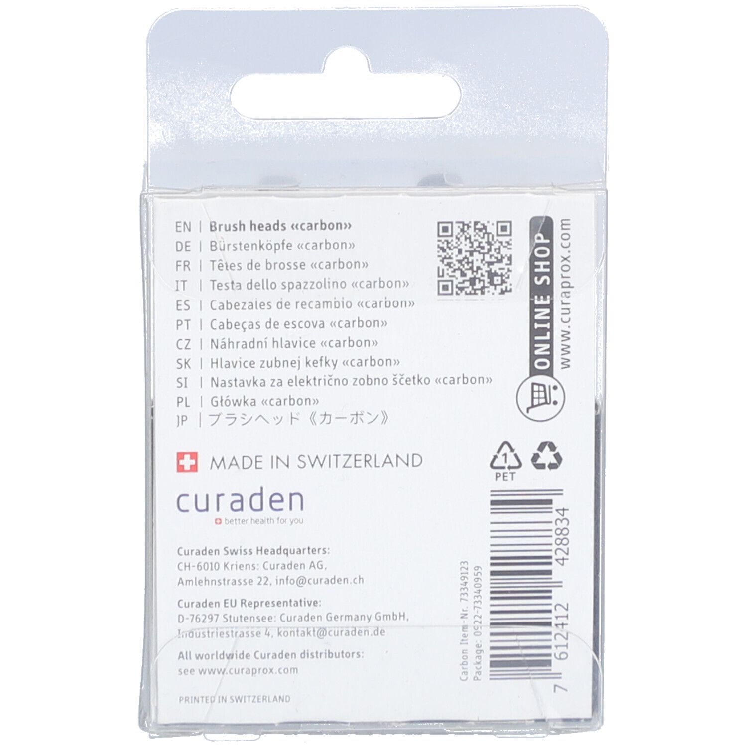 Rückseite der Verpackung mit Text in verschiedenen Sprachen. Aufdruck: Made in Switzerland, Curaden, Online Shop.