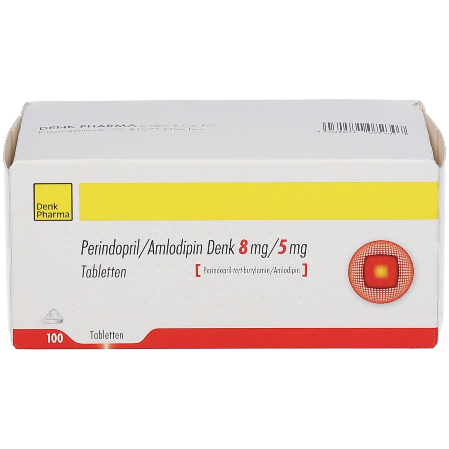 Packung Perindopril/Amlodipin Denk 8 mg/5 mg Tabletten, Vorderseite mit Logo und Produktinformationen.
