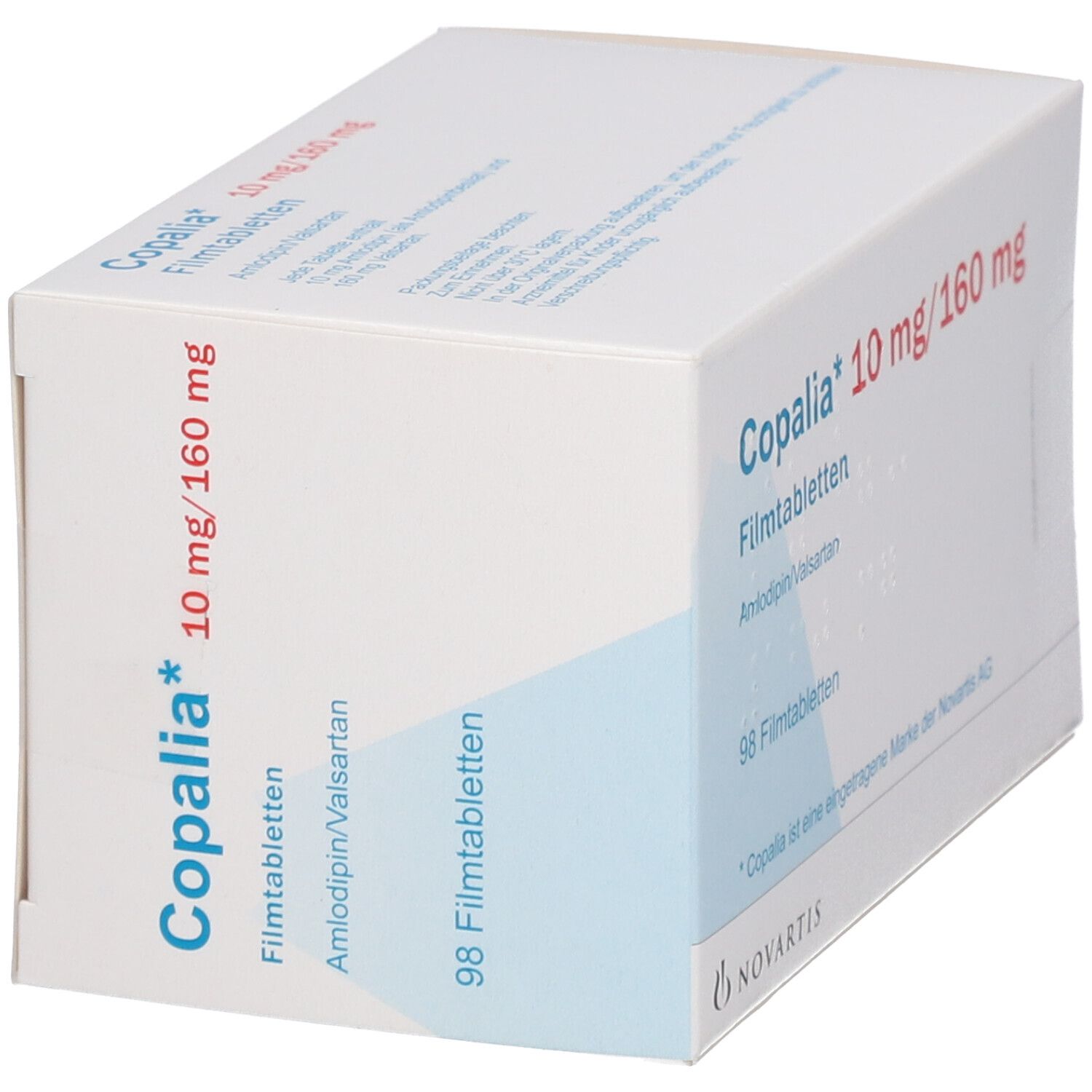 Packung Copalia 10 mg/160 mg Filmtabletten, 98 Stück. Seitenansicht mit Dosierungsangabe. Novartis Logo.