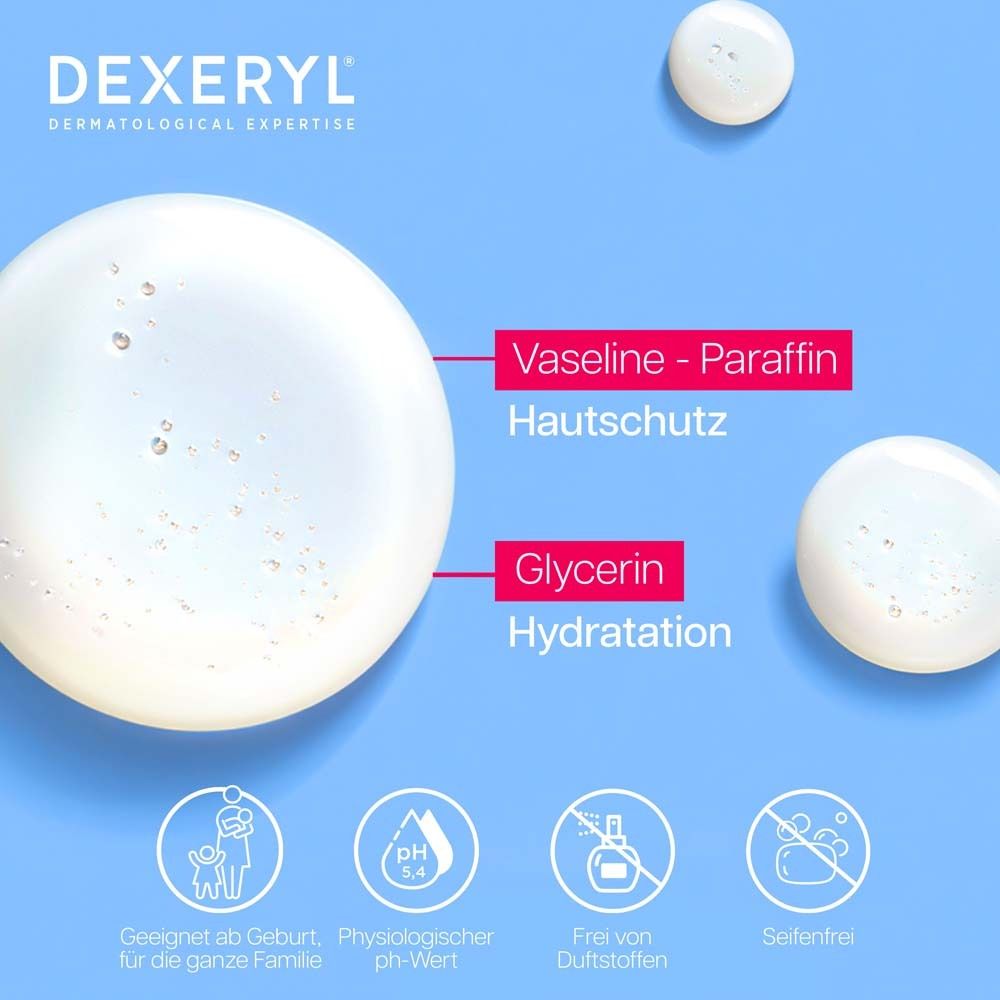 Drei Tropfen Flüssigkeit. Text: Vaseline - Paraffin, Hautschutz. Glycerin, Hydratation. Geeignet ab Geburt.