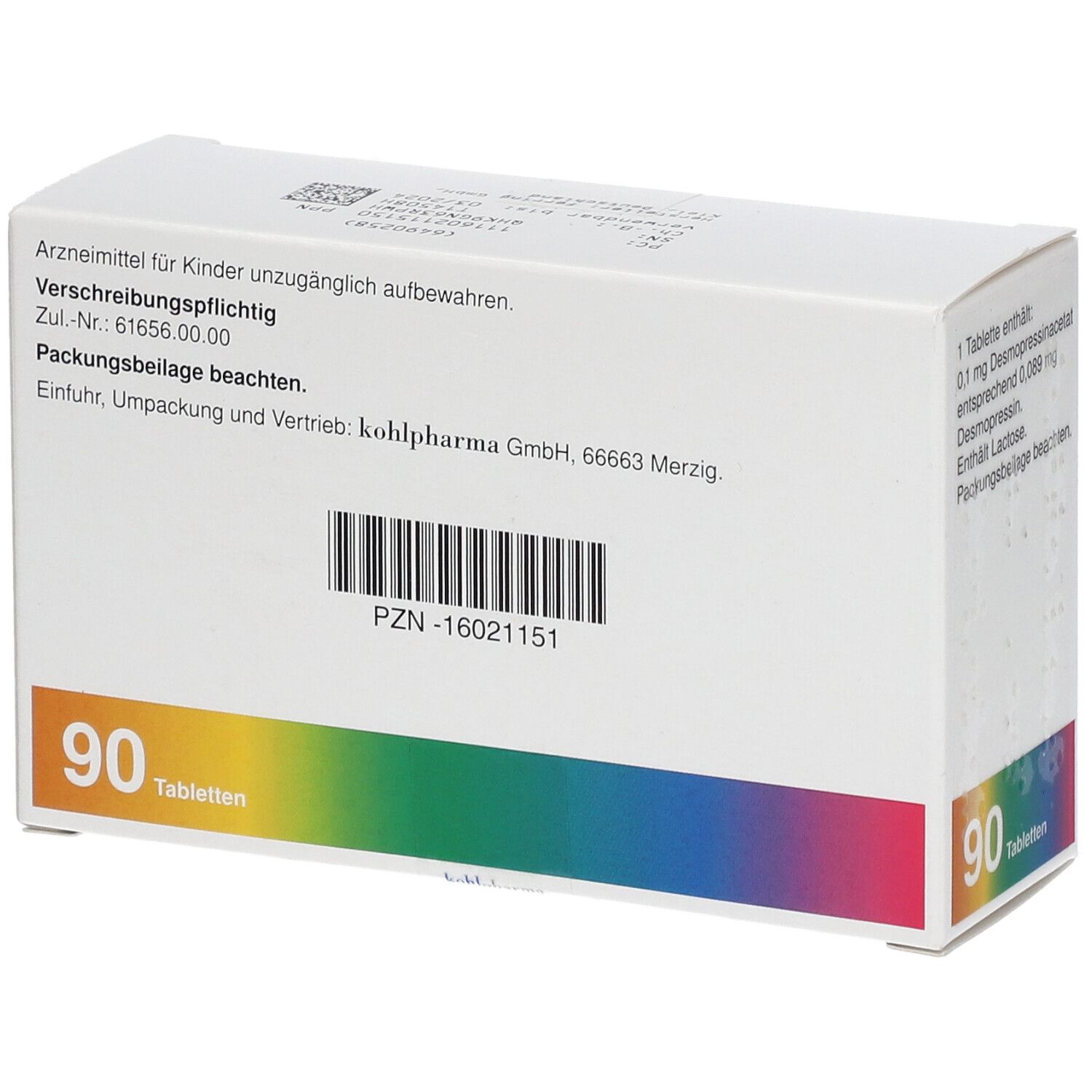 Weiße Faltschachtel mit Aufdruck. Rückseite mit Text und Barcode. Unten: 90 Tabletten. Farbiger Streifen.