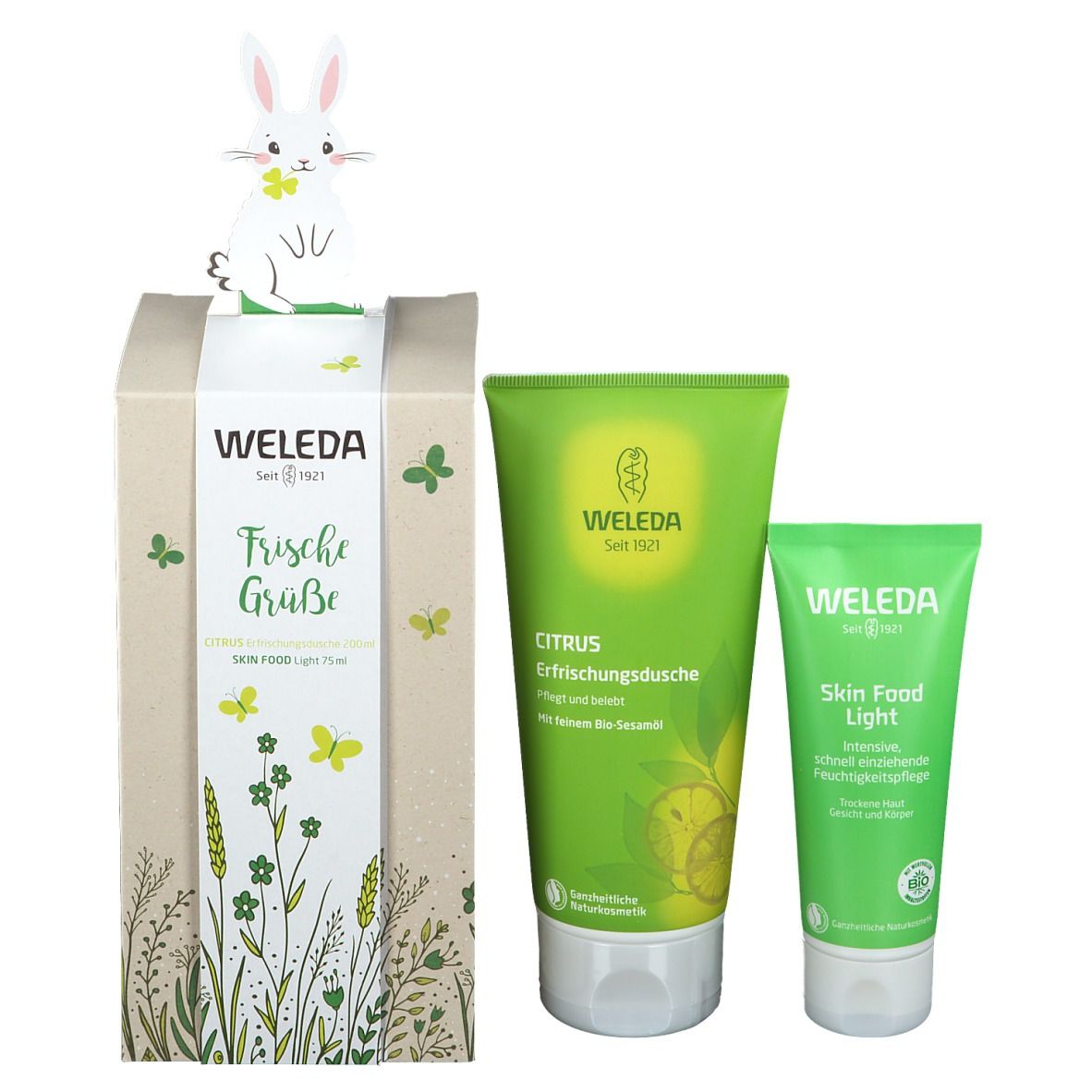 Geschenkbox mit zwei grünen Tuben. Auf der Box steht "Frische Grüße". Oben ein Hase aus Pappe.