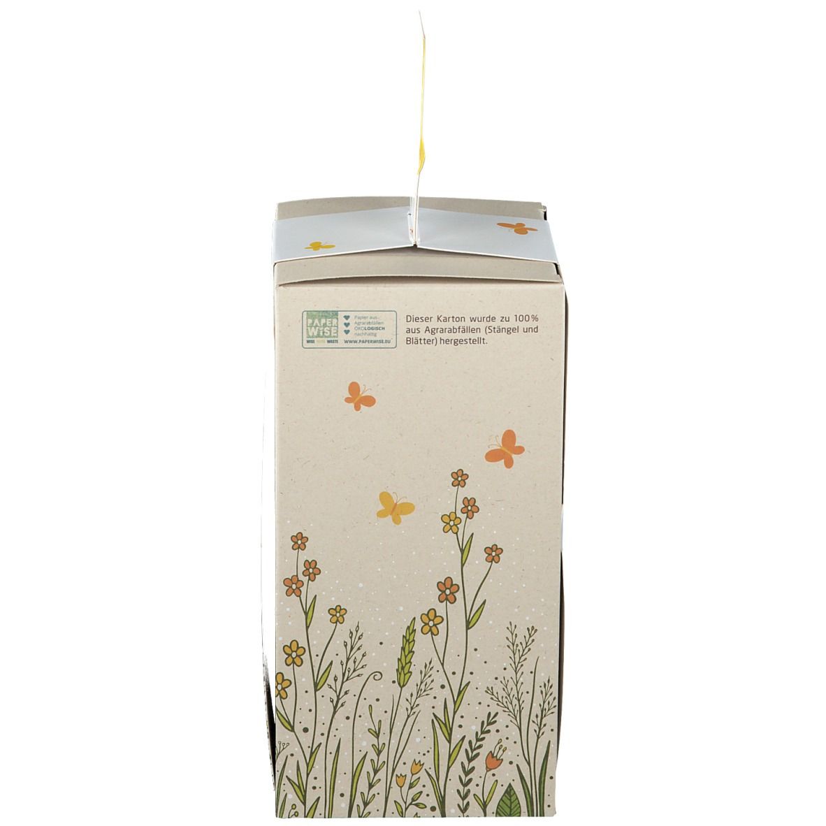 Seitenansicht der Pappschachtel. Blumenmuster und Schmetterlinge. Text auf Deutsch.
