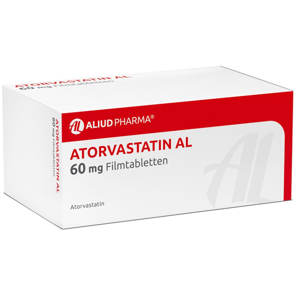 Schachtel mit ATORVASTATIN AL 60 mg Filmtabletten. Rote und weiße Verpackung mit Produktnamen und Logo.